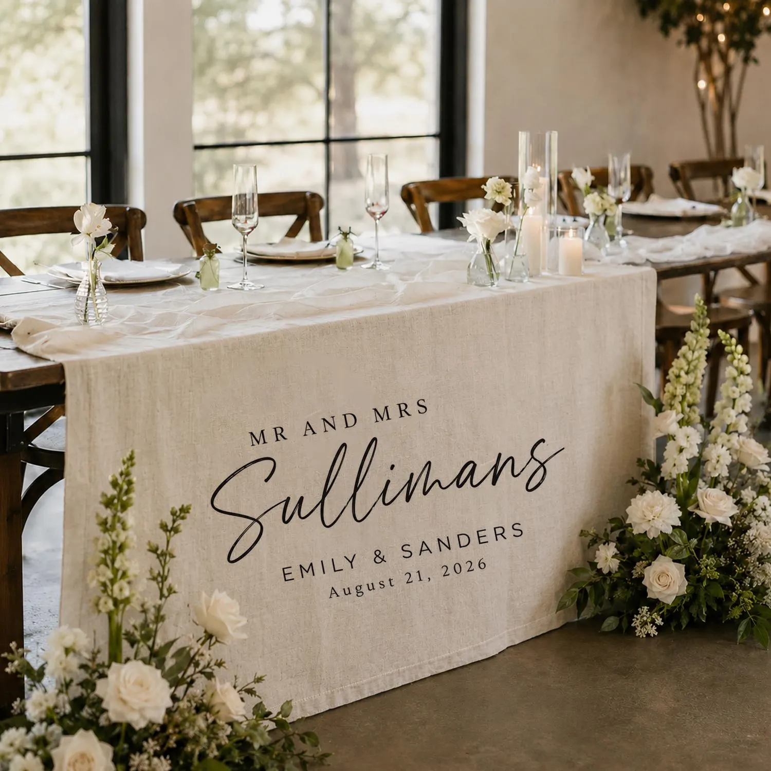 Personalized Wedding Table Runner, Custom Mr and Mrs Last Name Banner, Linen Reception Decor
