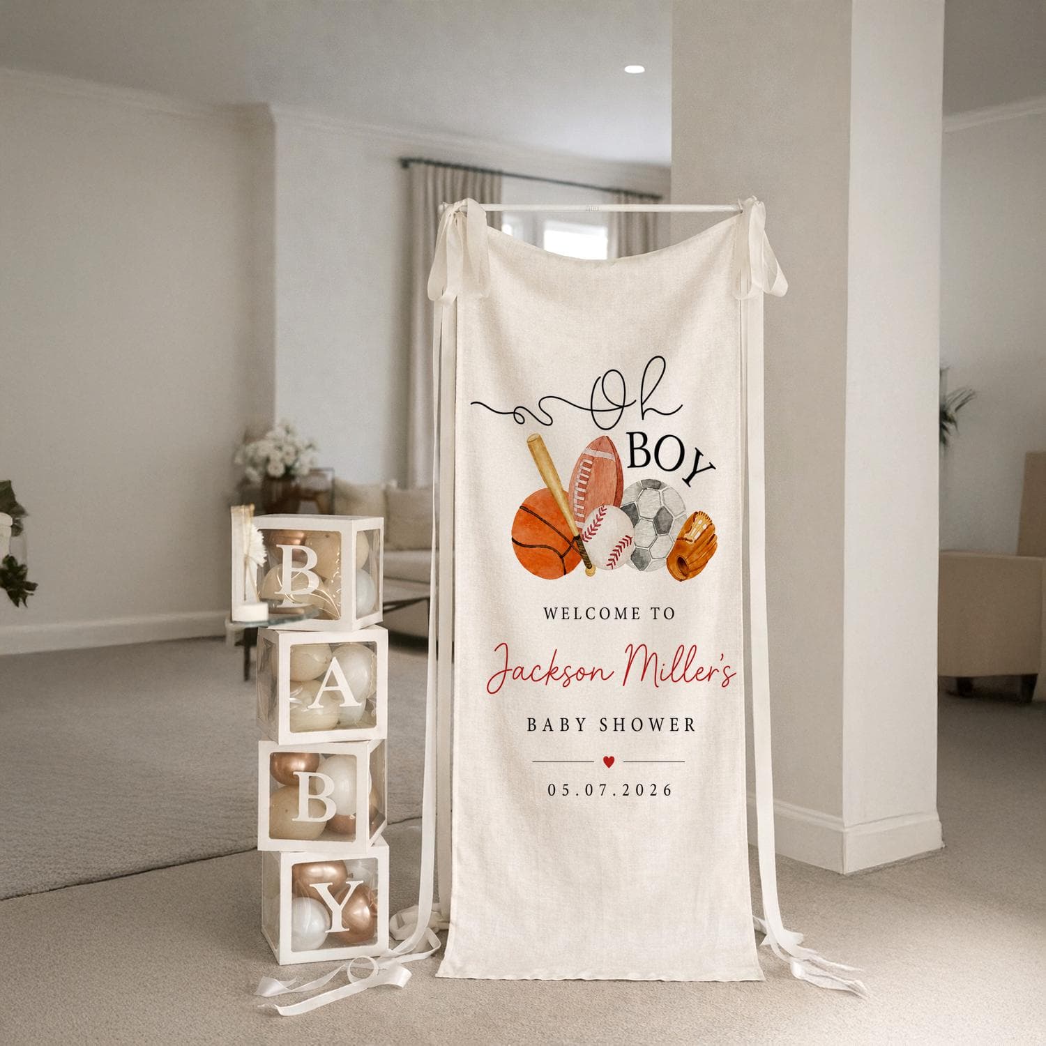 Sports Theme Baby Shower Banner: Personalized "Oh Boy" Welcome Sign – Cotton Linen Blend