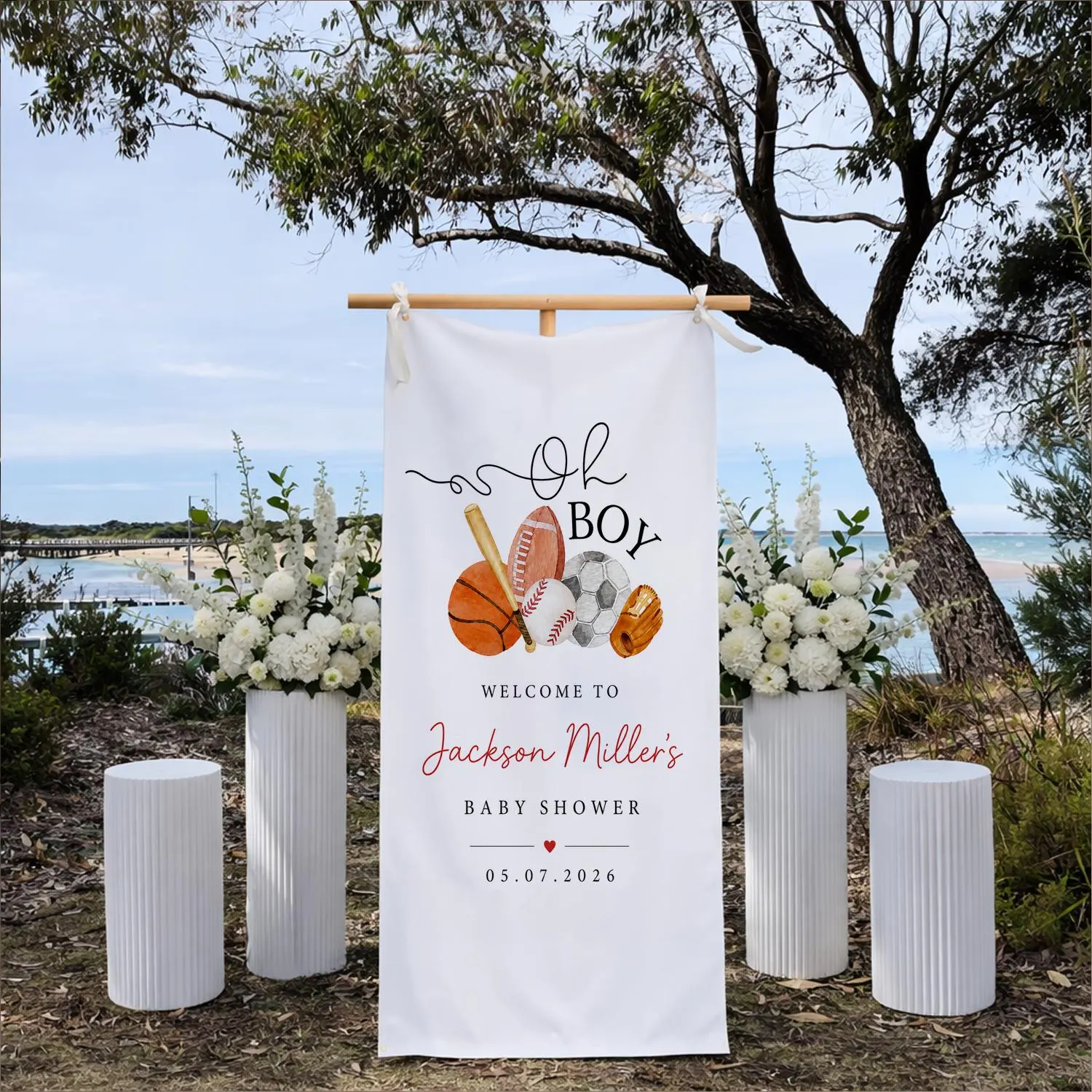 Sports Theme Baby Shower Banner: Personalized "Oh Boy" Welcome Sign – Cotton Linen Blend - image 2