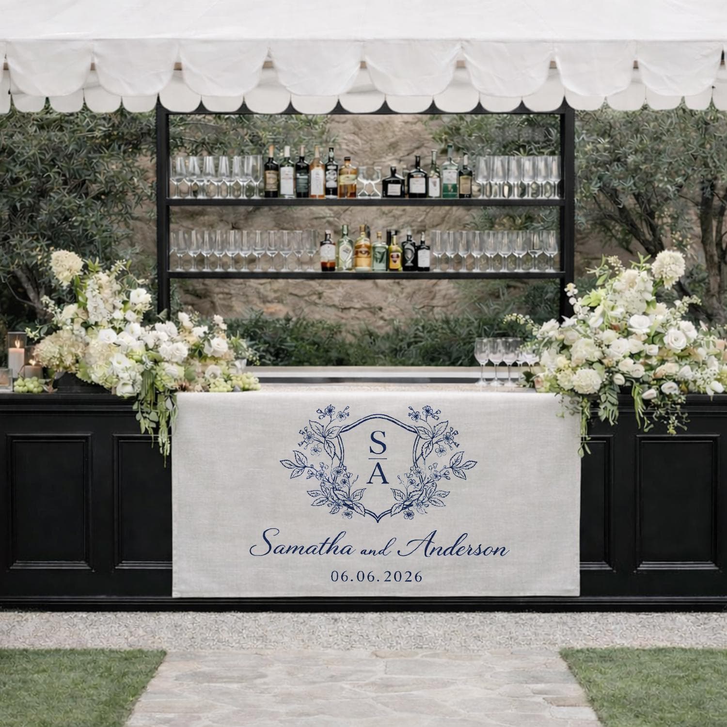Personalized Floral Monogram Wedding Table Runner Custom Initial Linen Banner, Reception Sign - image 4