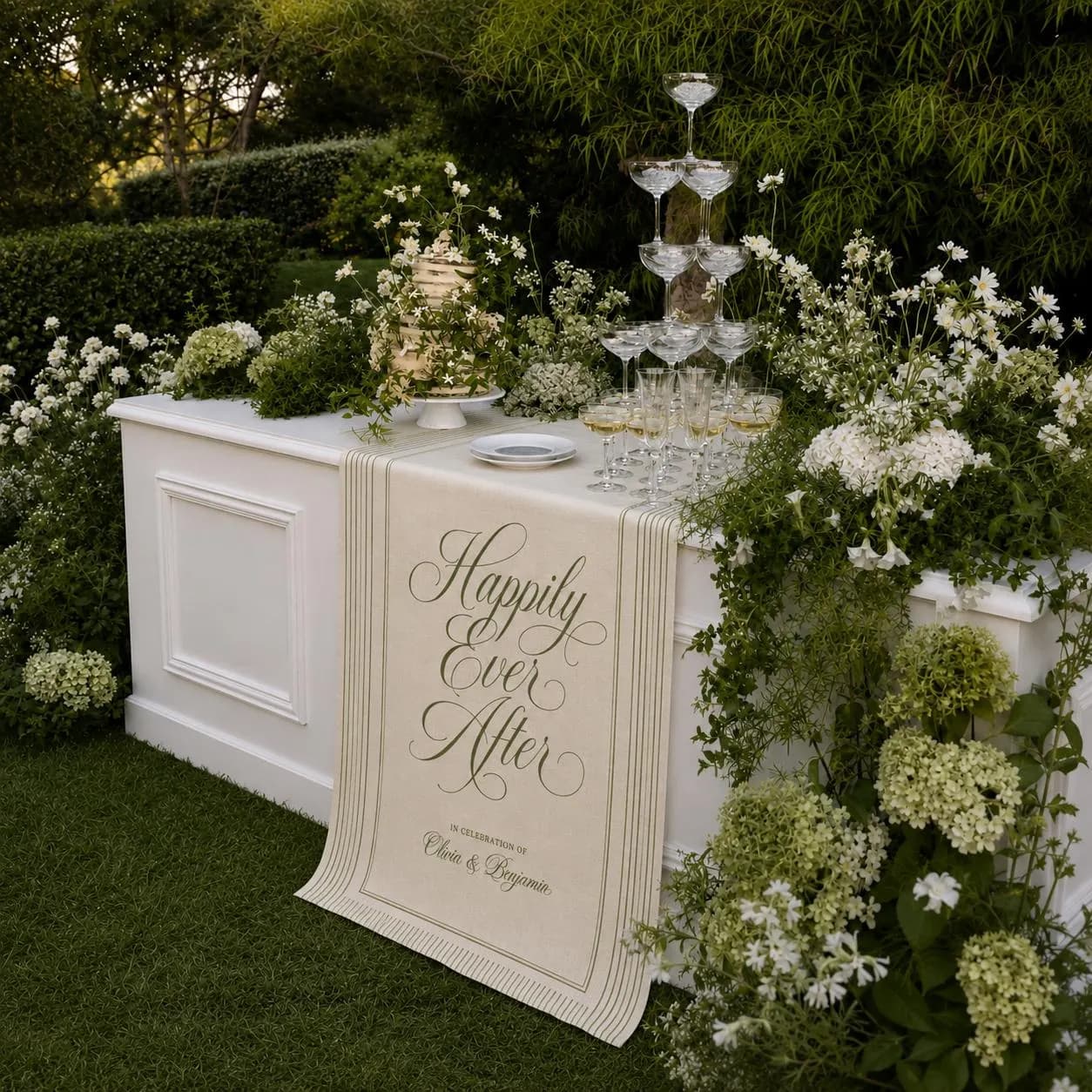 Custom Wedding Bar Sign, Happily Ever After Linen Champagne Banner, Garden Reception Decor