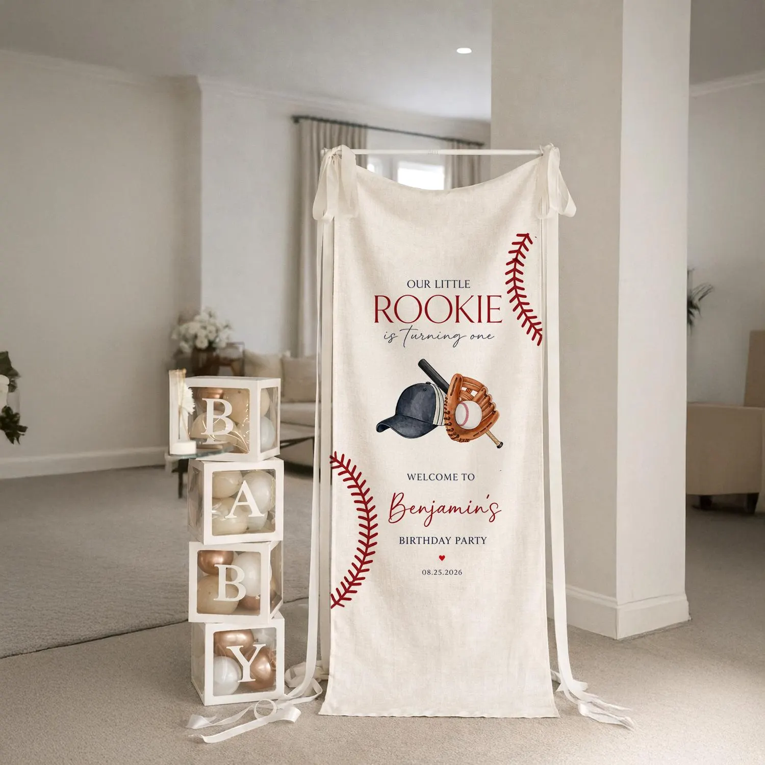 Baseball Rookie First Birthday Banner, Sports Theme Party Decor, Cotton Linen Backdrop
