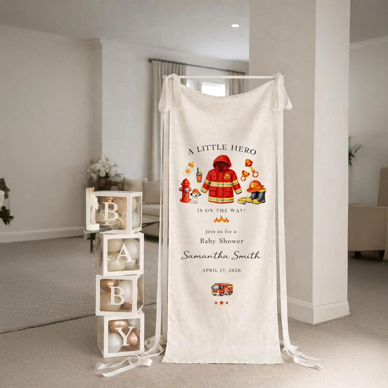 Firefighter Baby Shower Banner, Little Hero Welcome Sign, Fire Truck Theme Decor - image 3