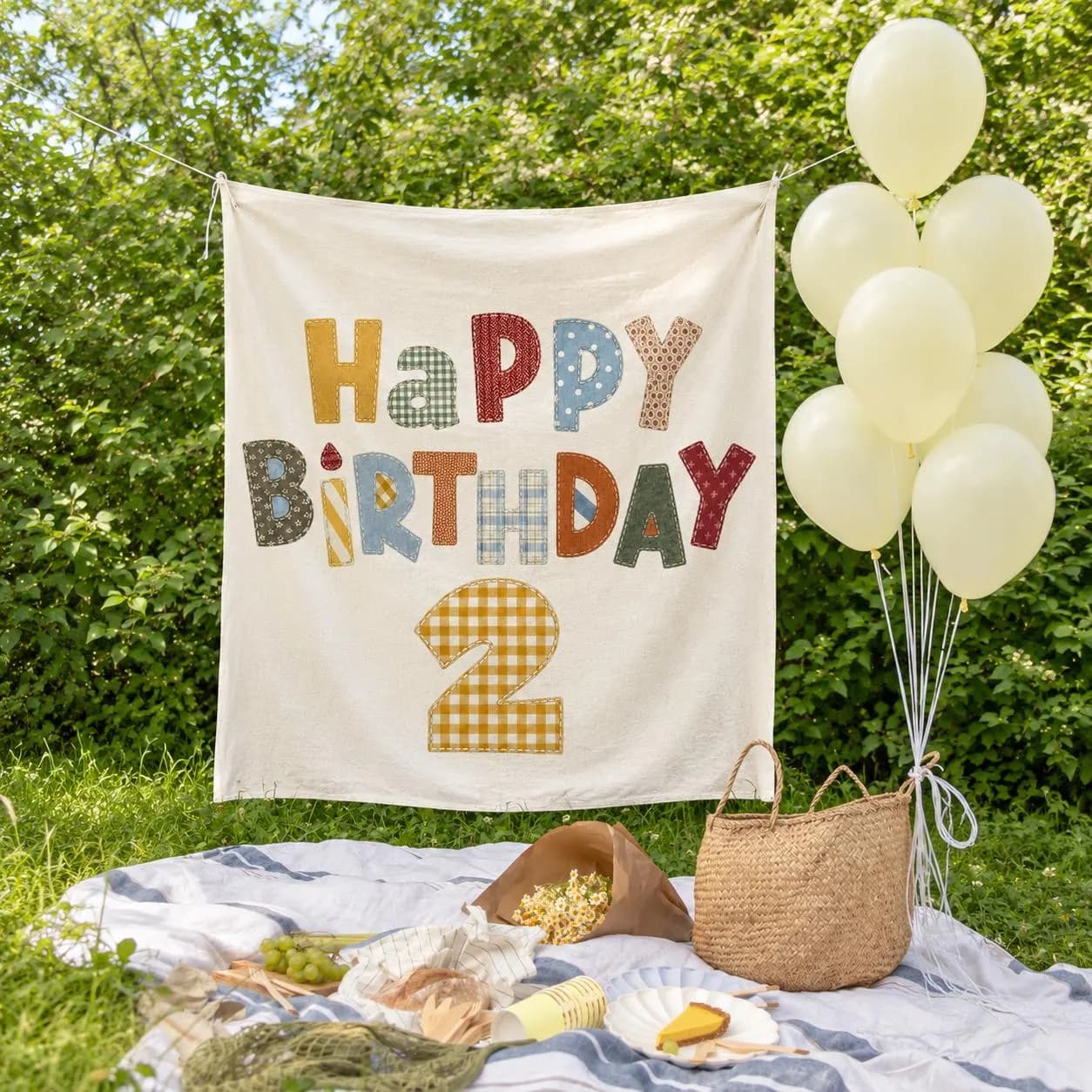 Custom Happy Birthday Banner, Faux Patchwork Fabric Style Backdrop, Retro Kids Party Sign