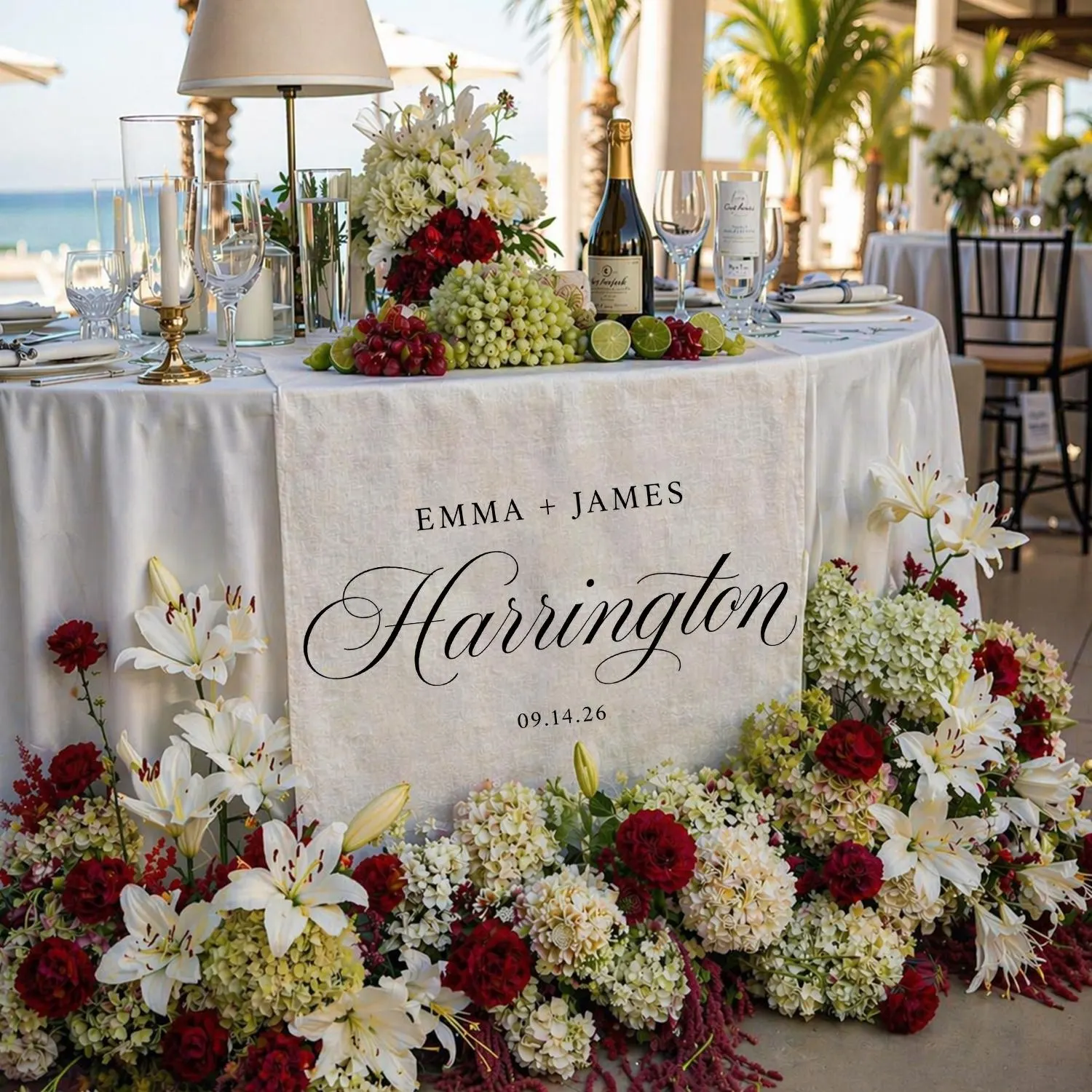 Personalized Wedding Table Runner | Custom Linen Decor, Elegant Floral Event Banner