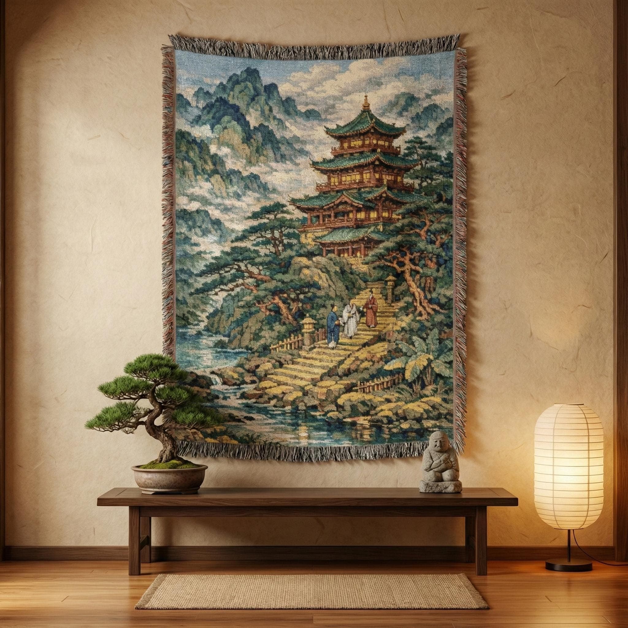 Chinese Landscape Tapestry Wall Hanging Woven Tapestry Blanket Mountain Asian Temple Pagoda Wall Decor Scenic Wall Art Serene Zen Room Decor