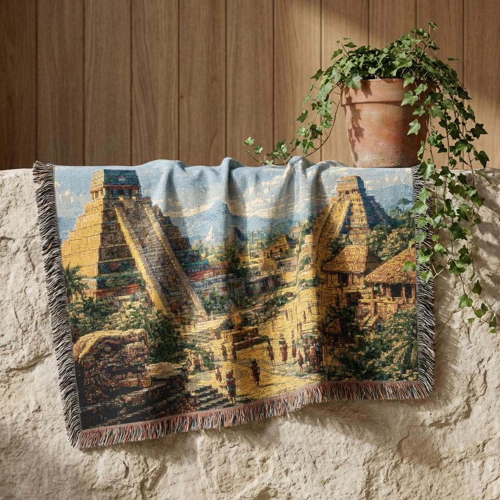 Woven tapestry wall hanging featuring an ancient Mayan city with towering stepped pyramids, stone temples, carved ruins, palm trees, and people walking through a sunlit ceremonial plaza beneath a bright blue sky. Vintage inspired Mesoamerican landscape tapestry with historic architecture, archaeological scenery, and warm old world detail, ideal as a large wall tapestry, woven throw blanket, temple wall art, ruins decor, gift for history lovers, travelers, collectors of ancient civilization art
