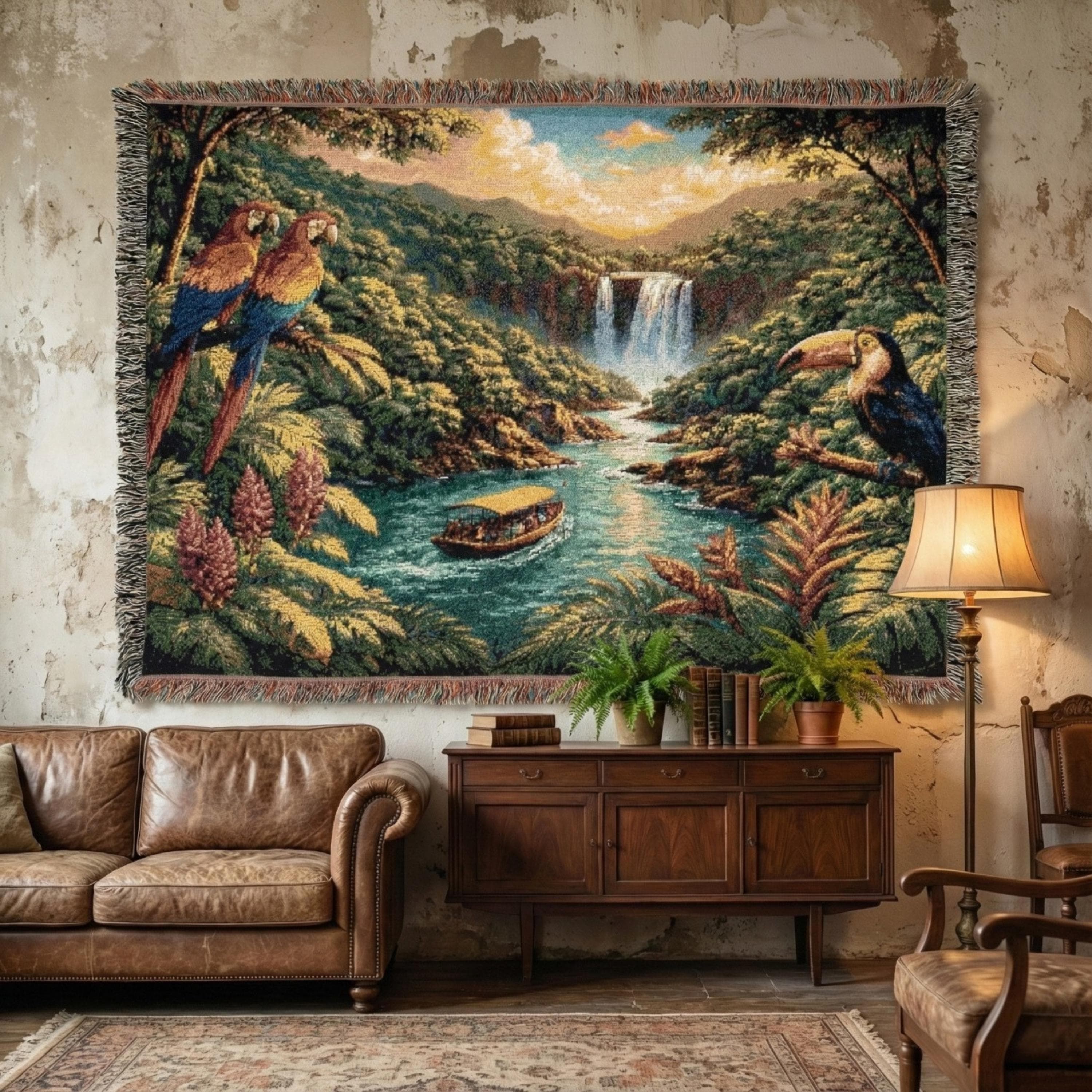 Tropical Jungle Tapestry Wall Art Woven Tapestry Blanket Waterfall Landscape Wall Hanging Parrot Toucan Decor Coastal Tropical Fringed Throw