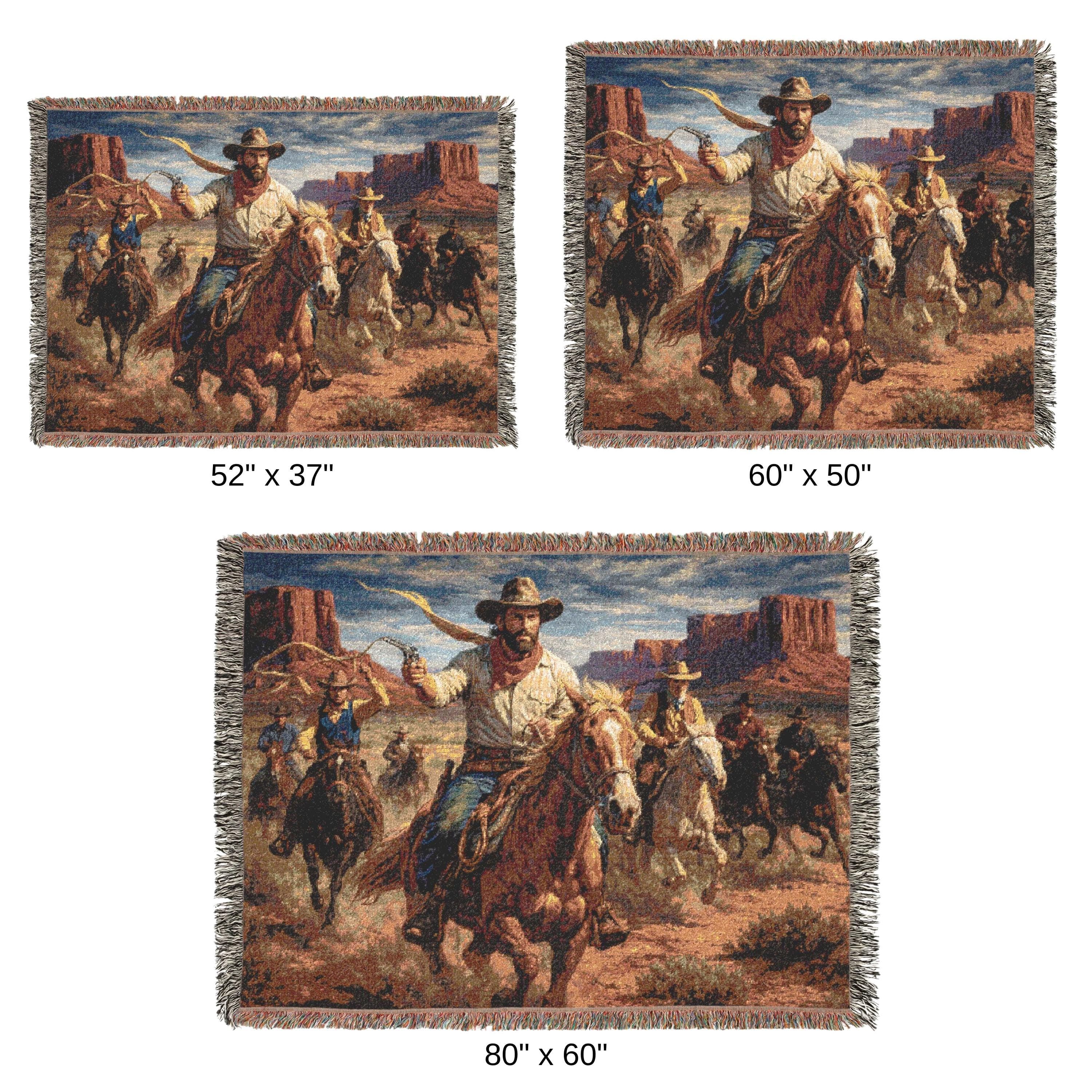 Woven tapestry blanket featuring a western cowboy riding a horse at the front of a group of riders, set in a vintage desert landscape with red rock mesas and open sky. Rustic ranch vibe with warm earth tones and detailed woven texture, finished with fringed edges. Use as tapestry wall art or woven wall hanging for western home decor, cabin lodge style, man cave, office, or living room. Perfect gift for horse lovers, cowboy decor fans, rodeo style, and housewarming.