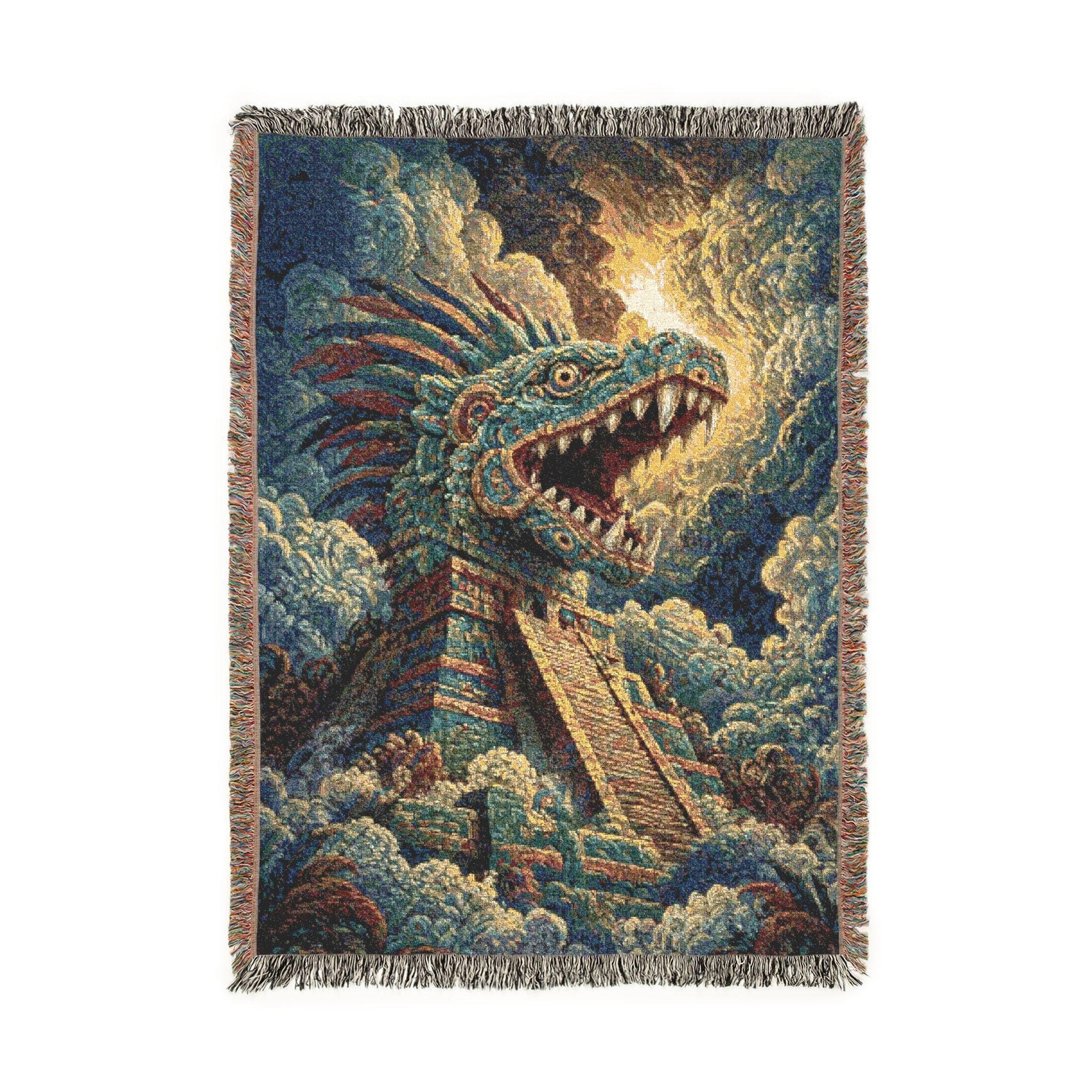 Woven tapestry wall hanging featuring a towering Aztec inspired serpent dragon rising from a stepped pyramid temple, surrounded by swirling clouds, glowing light, and dramatic Mesoamerican fantasy detail. Mythic wall art with ancient ruin atmosphere, bold creature imagery, and rich woven texture, ideal as a large wall tapestry, decorative throw blanket, game room decor, fantasy room accent, and gift for dragon lovers, mythology fans, and collectors of dramatic statement art.