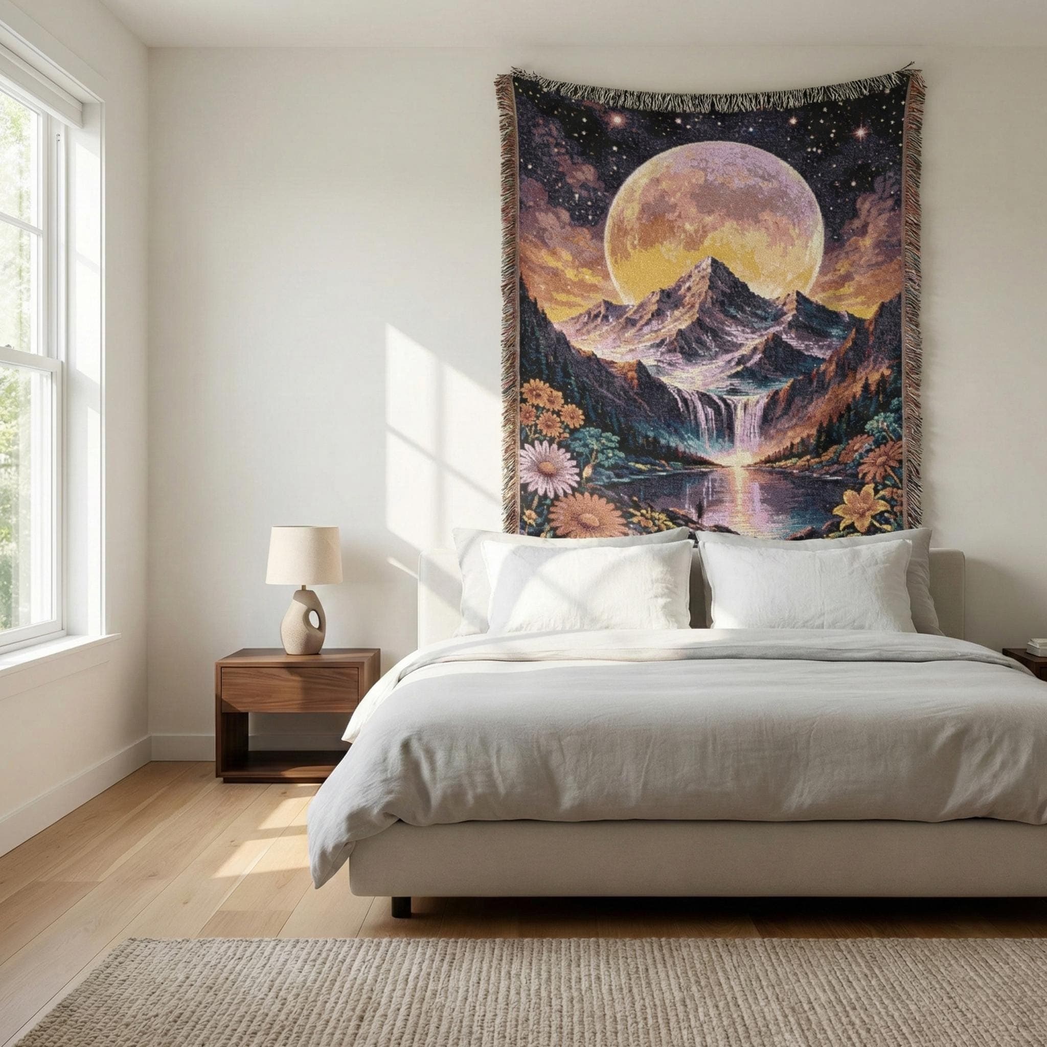 Woven tapestry wall hanging with a giant full moon behind snowcapped mountains, a glowing waterfall into a calm lake, and wildflowers by a rocky stream under a starry night sky. Moody tapestry wall art with twilight colors and fringe edges for bedroom, living room, cabin, or reading nook. Doubles as a woven throw blanket for nature lovers and moon gazers. Sweet housewarming or birthday gift. Mountain lake decor vibe, boho wall decor, cottagecore aesthetic, dreamy landscape tapestry.