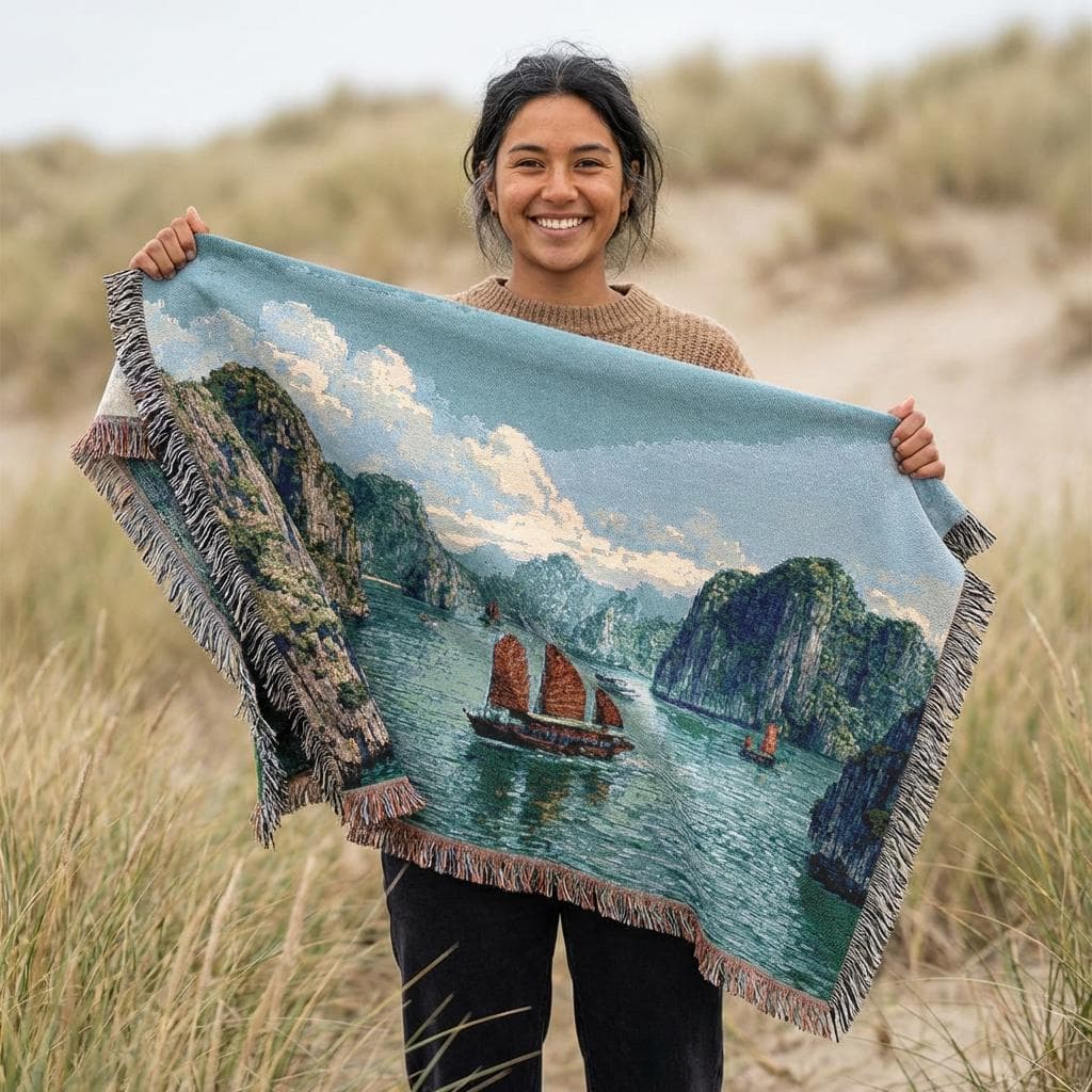 Woven tapestry wall hanging featuring Halong Bay in Vietnam with emerald water, towering limestone cliffs, soft clouds, and traditional sailing boats drifting across a peaceful seascape. Vintage coastal tapestry wall art with serene ocean scenery, layered island landscape, and travel inspired decor style, ideal as a large wall tapestry, woven throw blanket, coastal wall hanging, Vietnam decor accent, scenic room decor, and unique gift for travel lovers, ocean lovers, and landscape art collectors