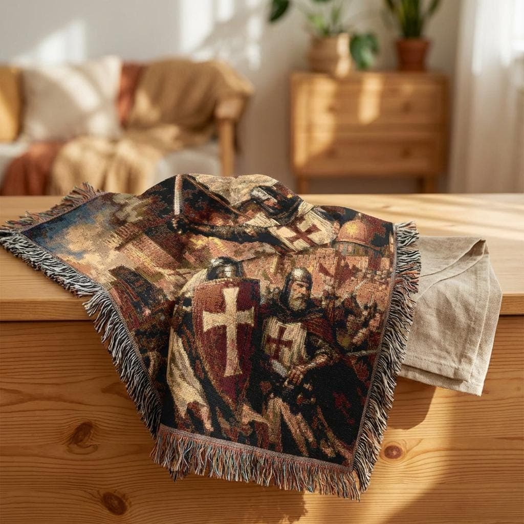 Woven tapestry wall hanging featuring Crusader knights in armor raising cross marked shields and banner during a dramatic medieval battle, with Jerusalem style stone walls, a golden domed city, smoke, swords, and historic Christian warrior imagery. Vintage religious wall art with Templar inspired detail and bold old world atmosphere, ideal as a large wall tapestry, woven throw blanket, medieval decor accent, and gift for history lovers, knight collectors, and Christian art fans.