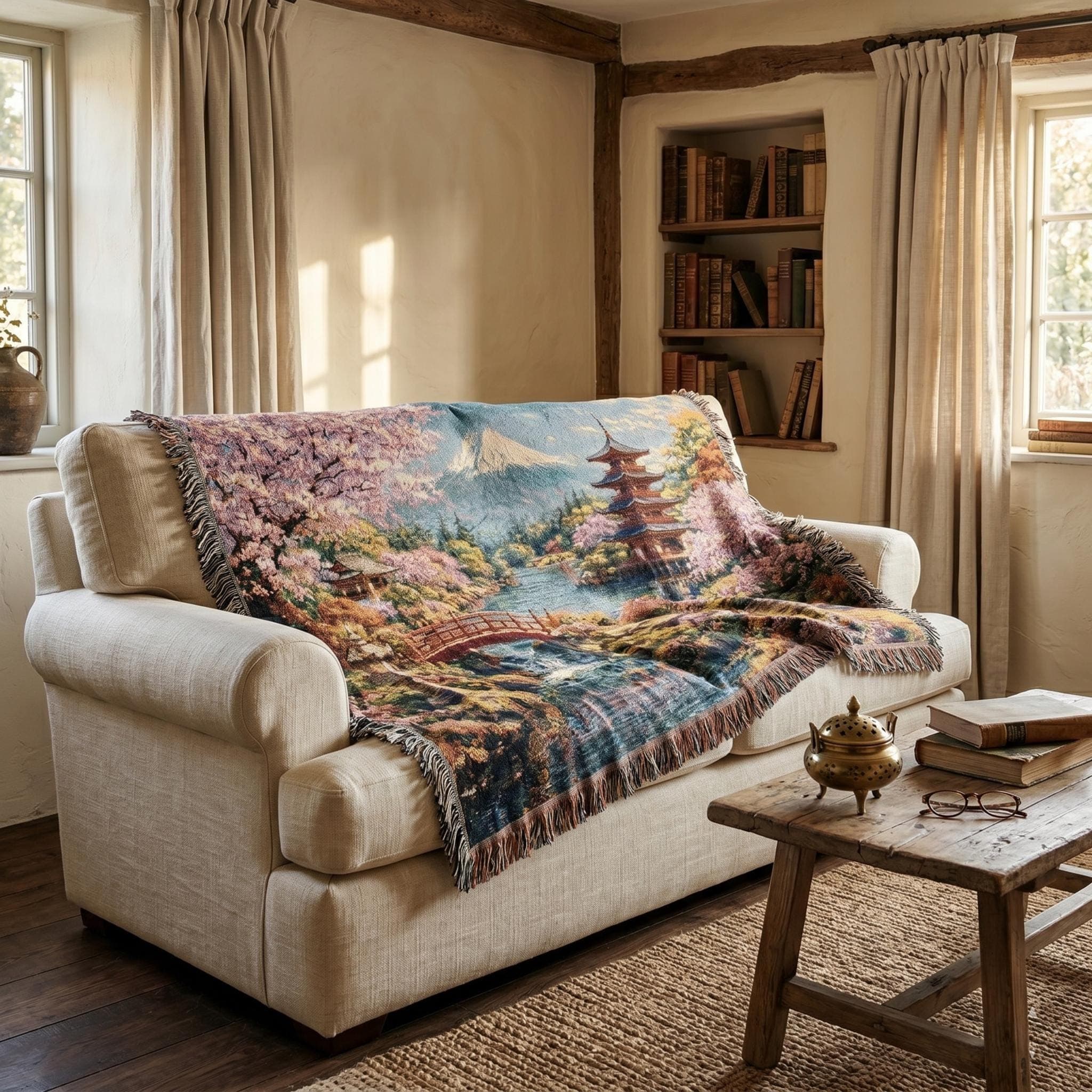 Woven tapestry wall hanging featuring a serene Japanese garden with blooming cherry blossom trees, a red bridge over a waterfall, reflective pond, traditional pagoda, Mount Fuji, spring flowers, and soft blue sky. Scenic sakura wall art with peaceful zen mood, pastel floral color, and Asian landscape detail, ideal as a large wall tapestry, woven throw blanket, Japanese home decor, meditation accent, reading nook art, and gift for cherry blossom lovers, Japan decor fans, and scenery collectors.