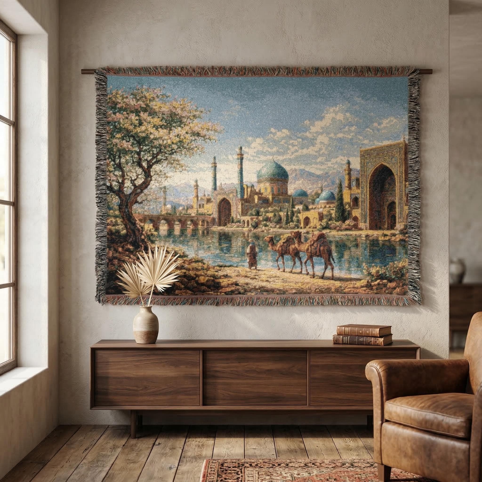 Vintage Persian Wall Tapestry Hanging Middle Eastern Wall Art Woven Throw Blanket Islamic Architecture Decor Oriental Landscape Wall Decor
