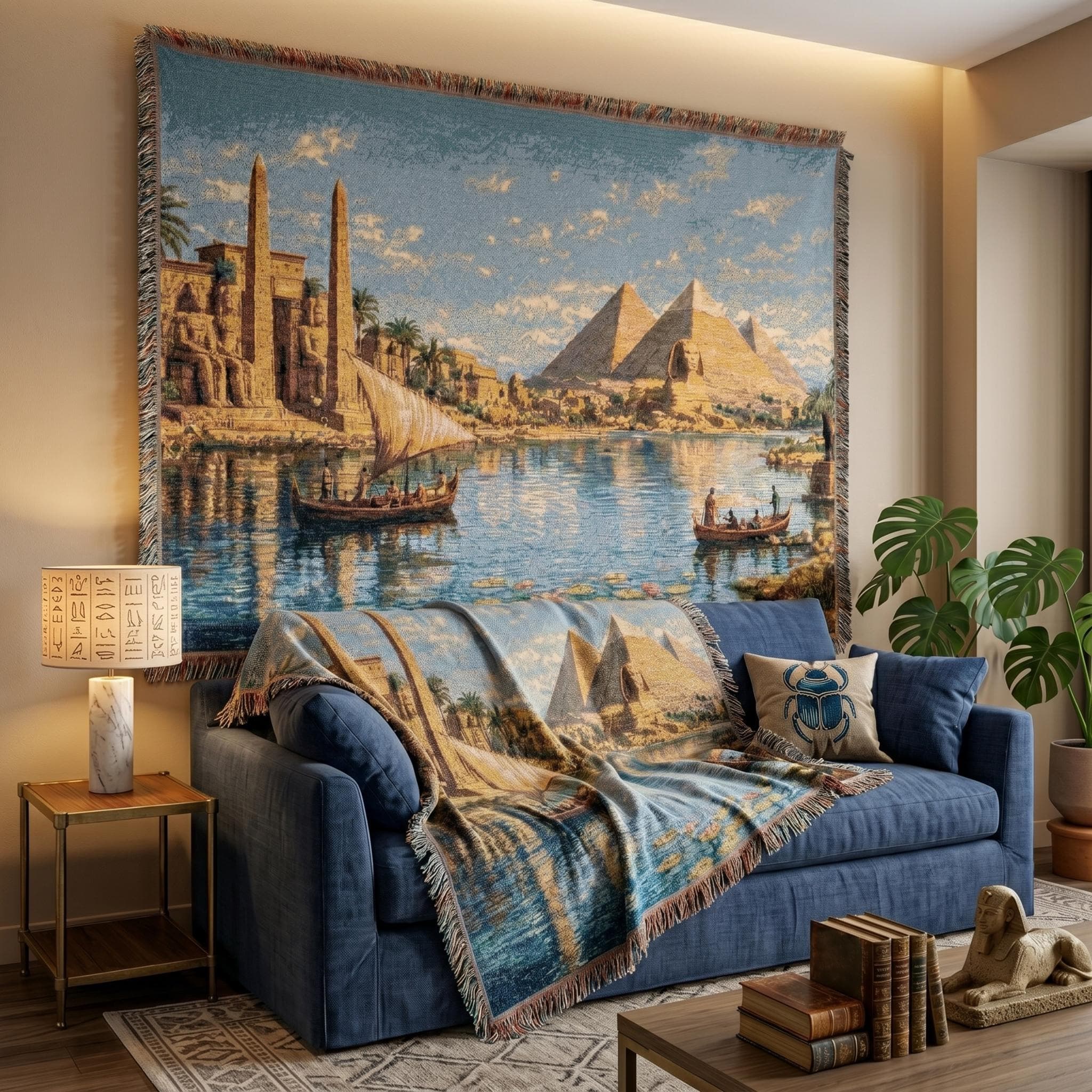Woven tapestry wall hanging featuring an Ancient Egypt river scene with golden pyramids, a sphinx, obelisks, temple ruins, sailboats drifting across reflective water, and lotus flowers along the shore beneath a bright blue sky. Vintage Egyptian landscape wall art with Nile River scenery, historic architecture, warm desert tones, and old world detail, ideal as a large wall tapestry, woven throw blanket, statement home decor, and gift for history lovers, travelers, and archaeology art collectors.