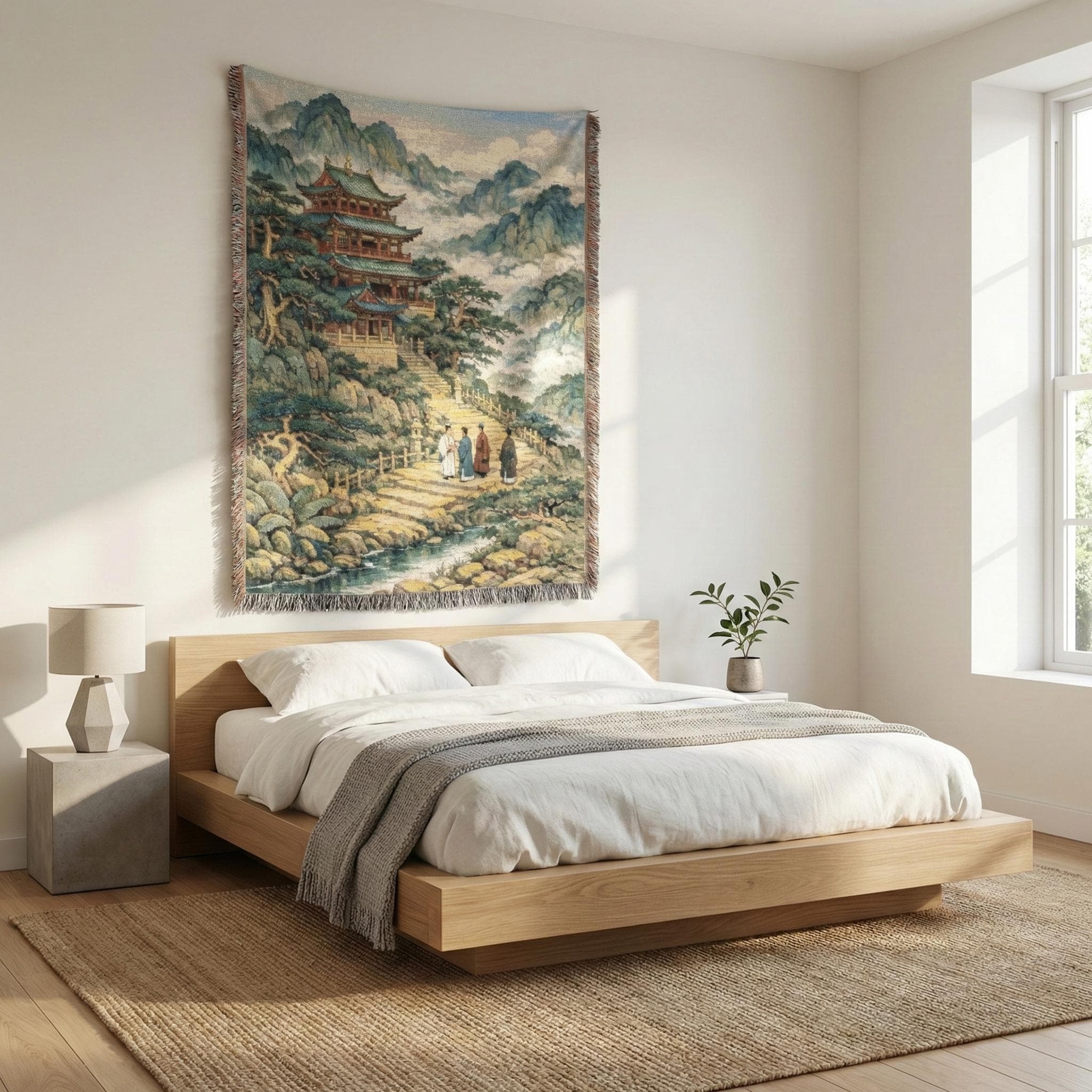 Woven tapestry wall hanging with fringe featuring a traditional Chinese pagoda temple perched on misty mountains above a winding river path, with travelers on stone steps, pine trees, and cloud-filled peaks. Vintage landscape look and rich woven texture make it perfect as wall decor or a cozy throw blanket. Beautiful for a zen room, tea nook, yoga studio, bedroom, dorm, or gallery wall. A thoughtful Asian inspired chinoiserie gift for tea lovers, meditation fans, and travel lovers.
