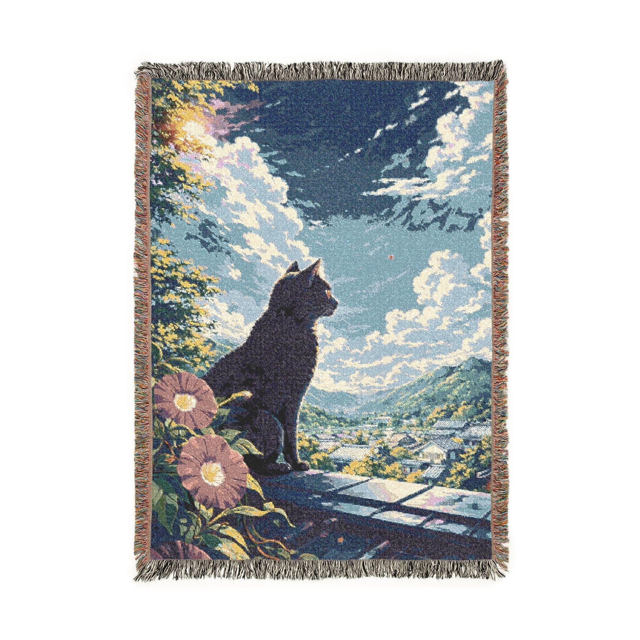 Woven tapestry wall hanging featuring a black cat sitting on a stone ledge above a quiet village with mountains, glowing clouds, and soft flowers in the foreground. Japanese inspired landscape wall art with a dreamy blue sky, peaceful scenic view, and cozy vintage textile feel. Ideal as a black cat tapestry, cat lover wall decor, mountain scenery wall hanging, gothic cat room accent, woven throw blanket, Japan inspired home decor, and unique gift for cat lovers and nature lov