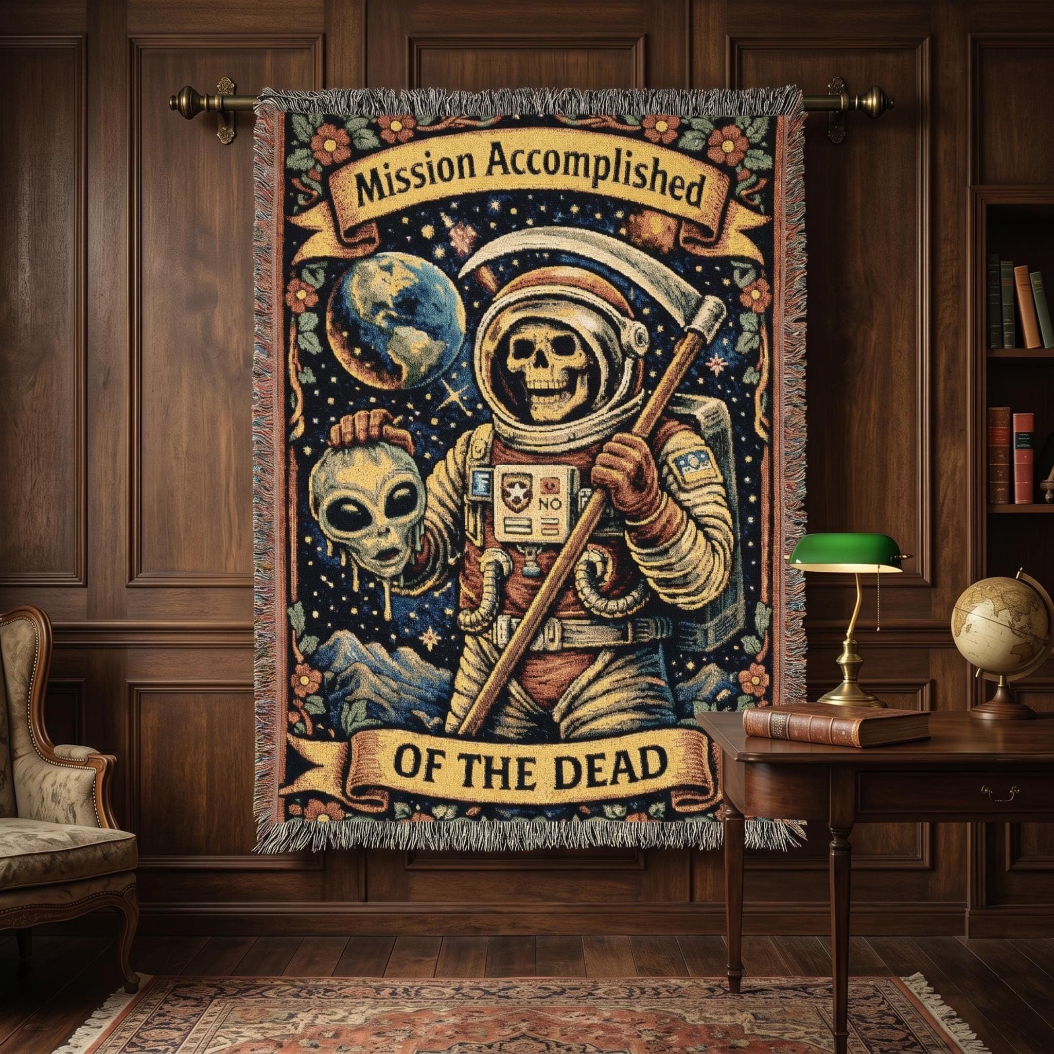 Funny Astronaut Skeleton Tapestry Wall Hanging Gothic Space Wall Art Woven Throw Blanket Alien Halloween Sci Fi Gift Gamer Room Decor Creepy