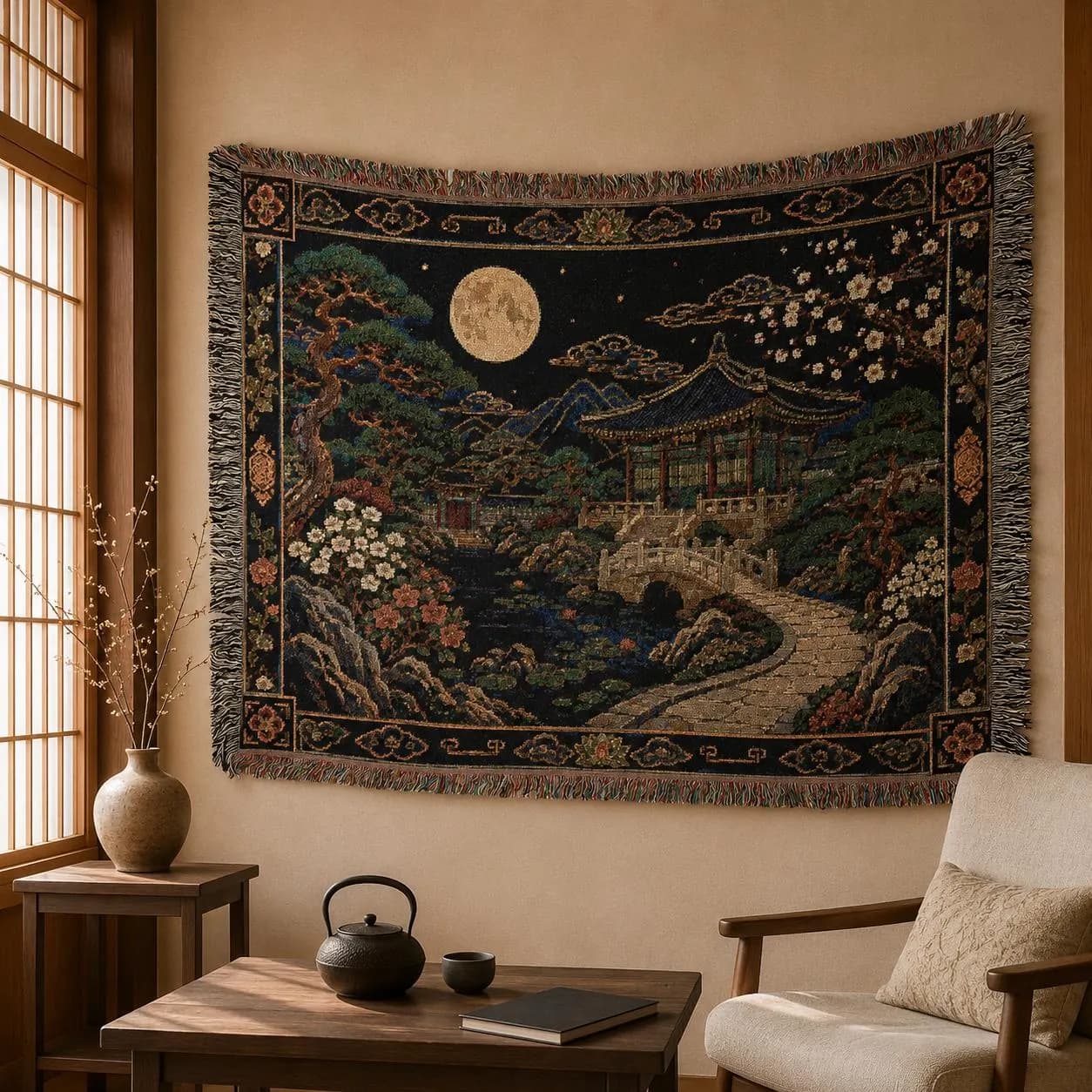 Korean Palace Garden Tapestry Wall Hanging Moonlit Korean Wall Art Woven Throw Blanket Asian Landscape Traditional Floral Old World Decor