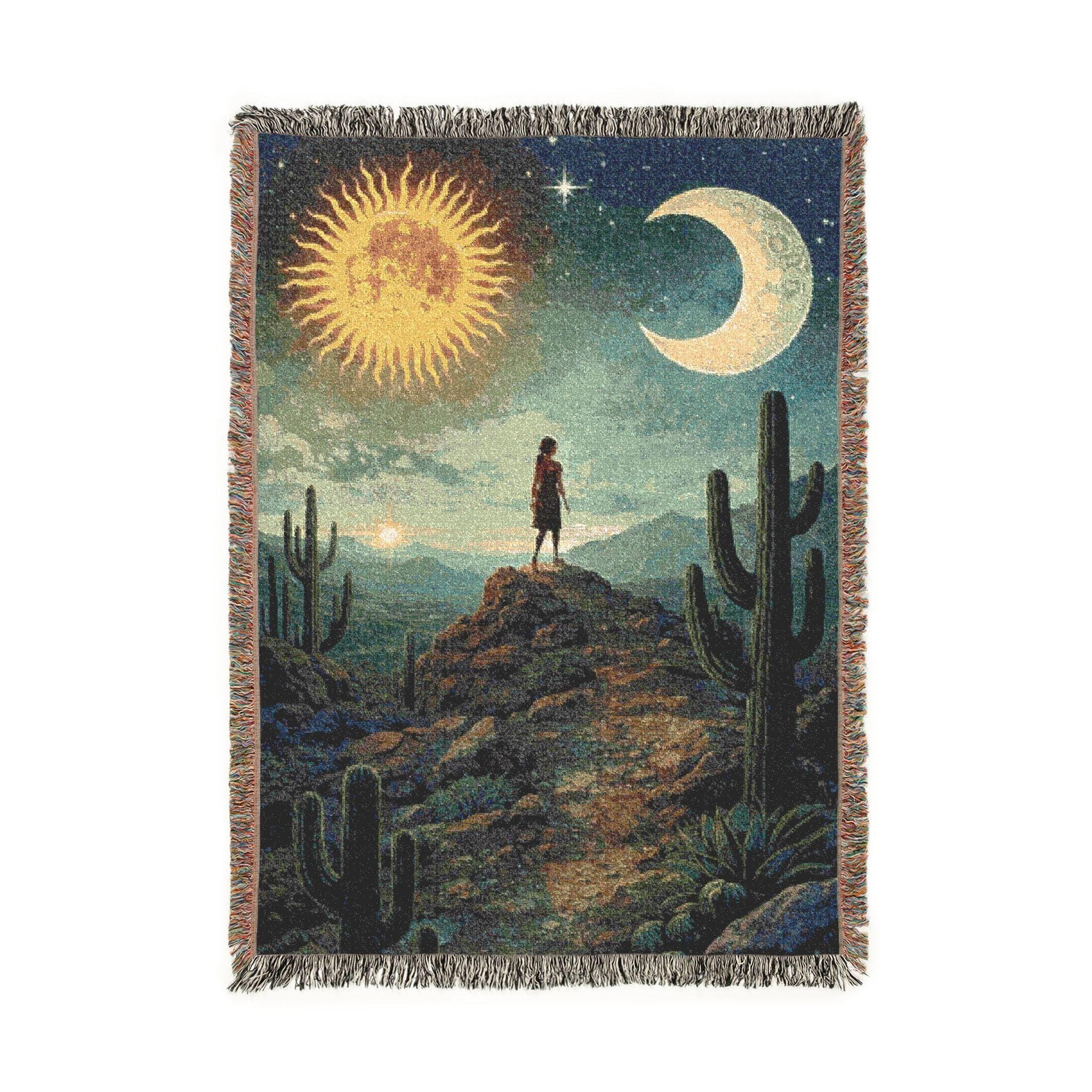 Woven tapestry wall hanging featuring a mystical desert landscape with a glowing sun, crescent moon, starry sky, tall saguaro cacti, mountains, and a lone figure standing on a rocky path at twilight. Celestial desert wall art with Southwestern boho style, spiritual scenery, and vintage woven texture, ideal as a large wall tapestry, woven throw blanket, sun and moon decor, cactus room accent, meditation space decor, and unique gift for celestial lovers, boho decor fans, and desert art collectors