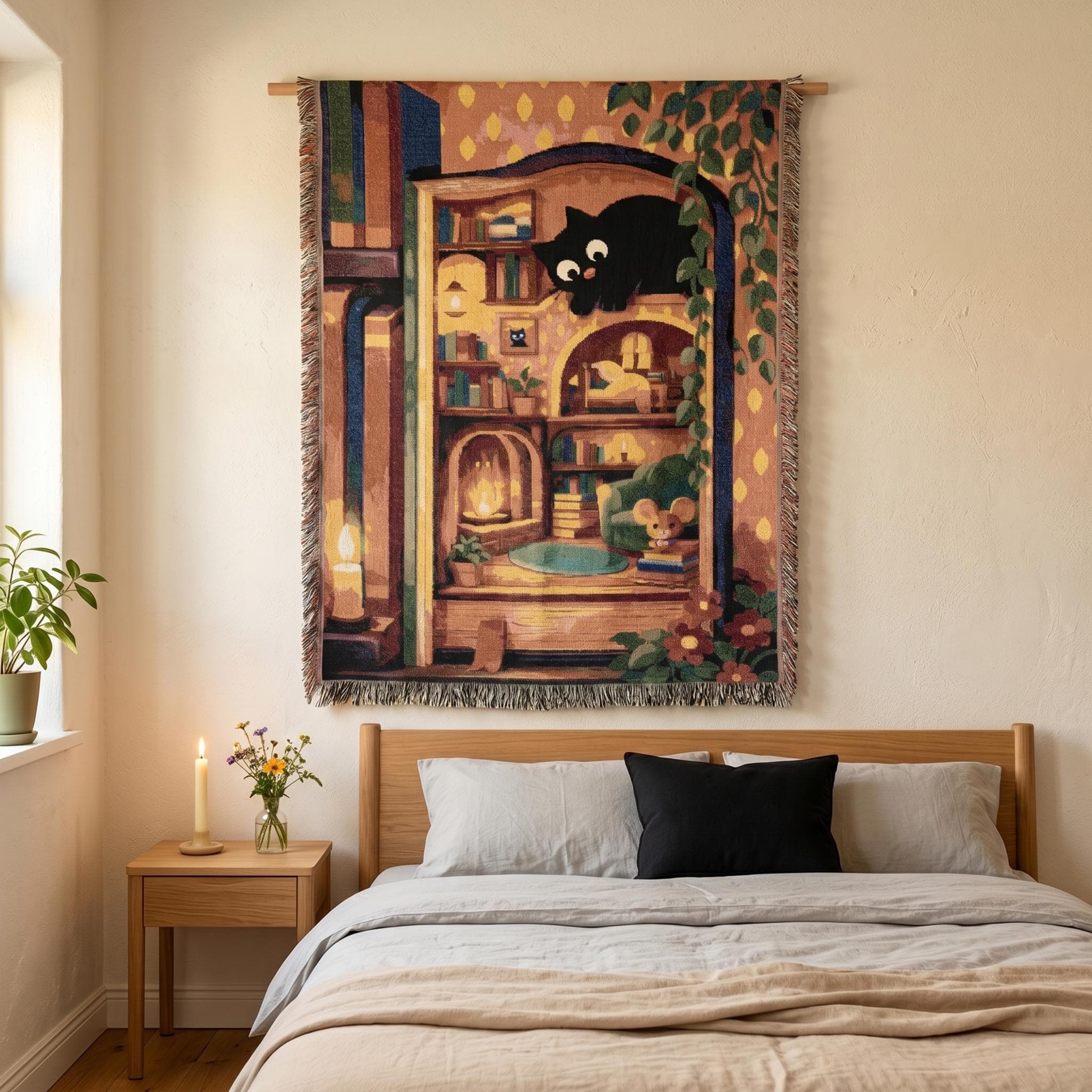 Cute Black Cat Tapestry Wall Hanging Cozy Reading Nook Wall Art Large Woven Throw Blanket Cottagecore Book Lover Decor Whimsical Room Gift
