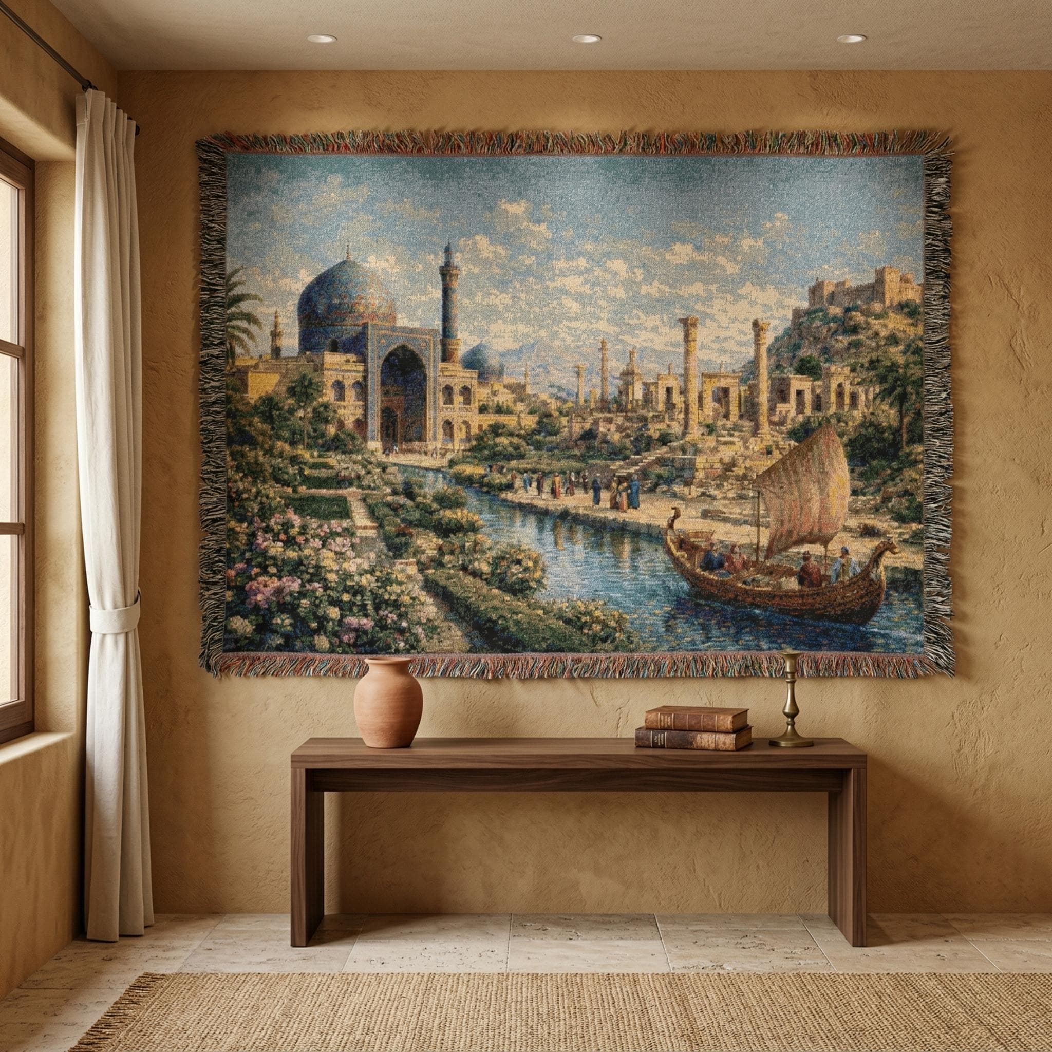 Woven tapestry wall hanging featuring a dreamy Persian river city with a blue domed mosque, ornate Islamic arches, ancient columns, blooming garden paths, and a small sailboat gliding through reflective water under a bright sky. Vintage Middle Eastern tapestry wall art with oriental architecture, palace garden scenery, and soft old world colors, ideal as a large wall tapestry, woven throw blanket, statement home decor, and gift for architecture lovers, history lovers, and scenic art collectors.