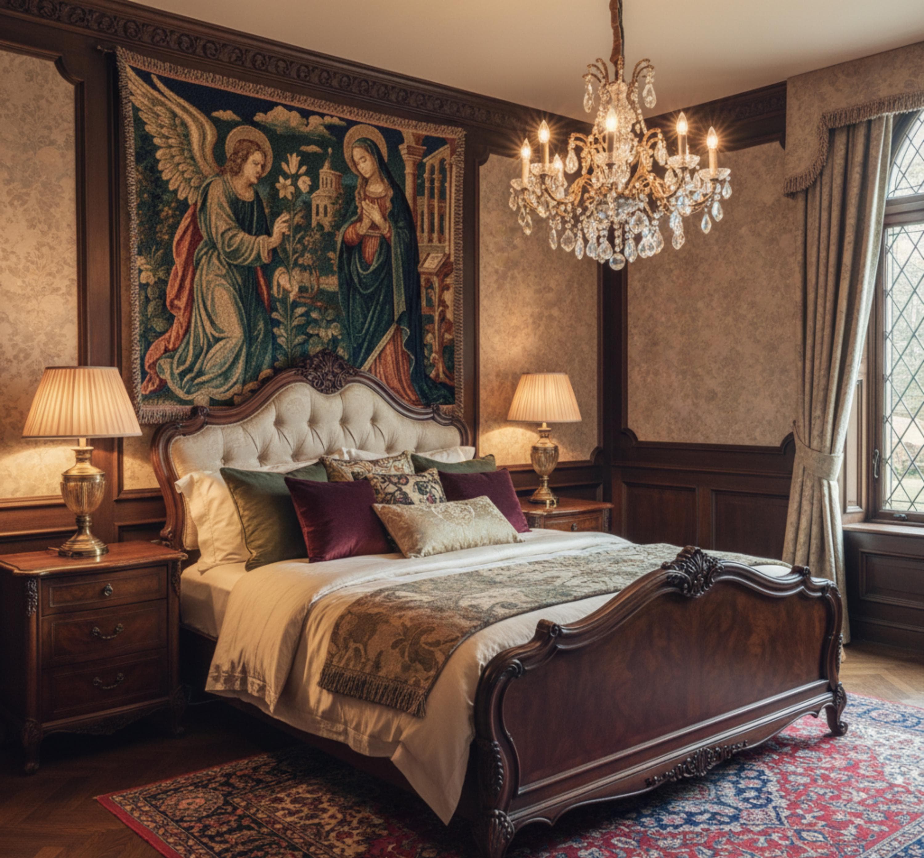 Vintage woven tapestry blanket depicting an angel and Madonna in a Renaissance-style sacred art scene 👼🌿. The design features intricate classical details, soft woven texture, and warm vintage tones, making it ideal as a wall hanging, sofa throw, bed blanket, wall decor, or rug alternative. Perfect for lovers of Renaissance home decor, gothic interiors, and religious art tapestries, this piece brings spiritual elegance and timeless European charm to any living space.