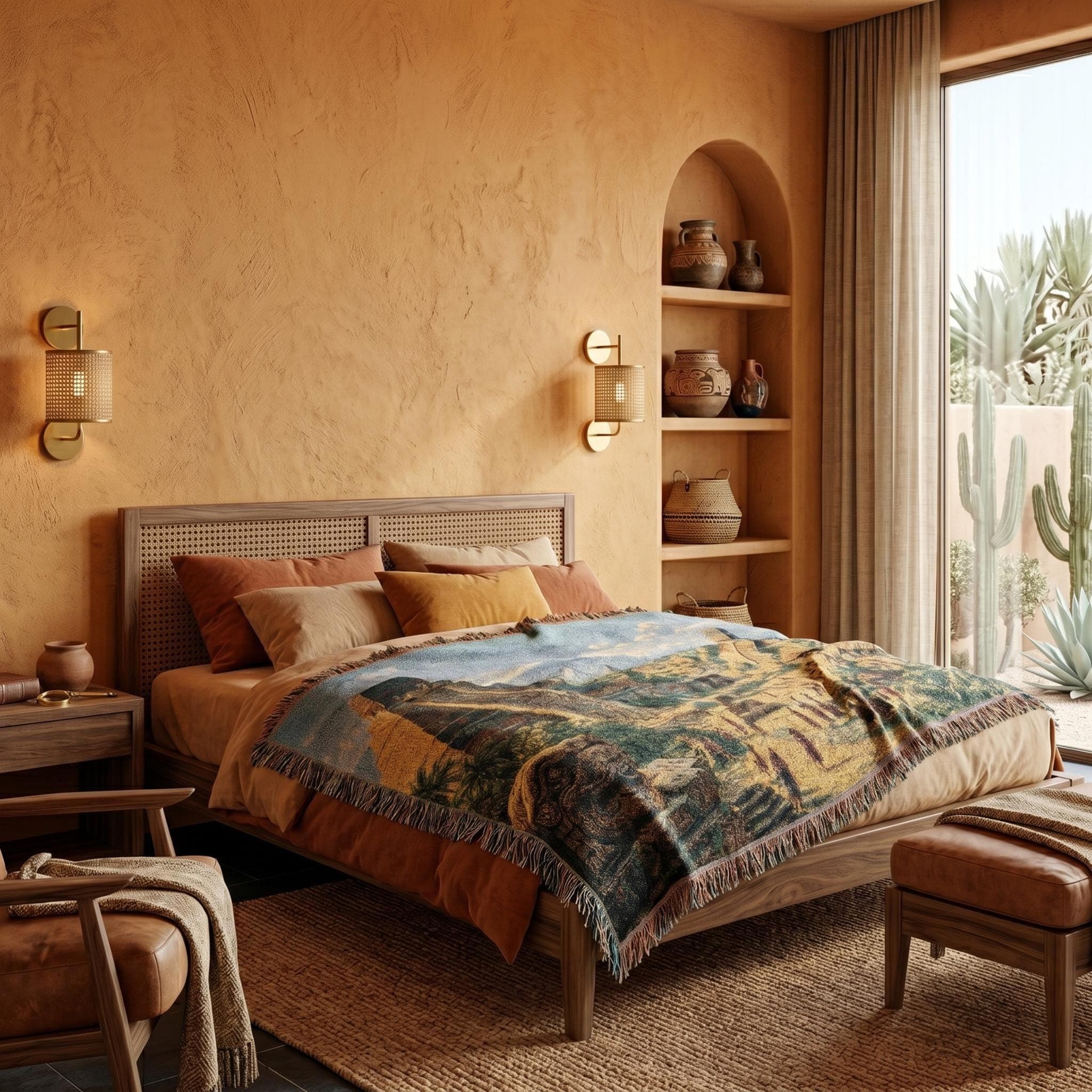 Woven tapestry wall hanging featuring an ancient Mayan city with towering stepped pyramids, stone temples, carved ruins, palm trees, and people walking through a sunlit ceremonial plaza beneath a bright blue sky. Vintage inspired Mesoamerican landscape tapestry with historic architecture, archaeological scenery, and warm old world detail, ideal as a large wall tapestry, woven throw blanket, temple wall art, ruins decor, gift for history lovers, travelers, collectors of ancient civilization art
