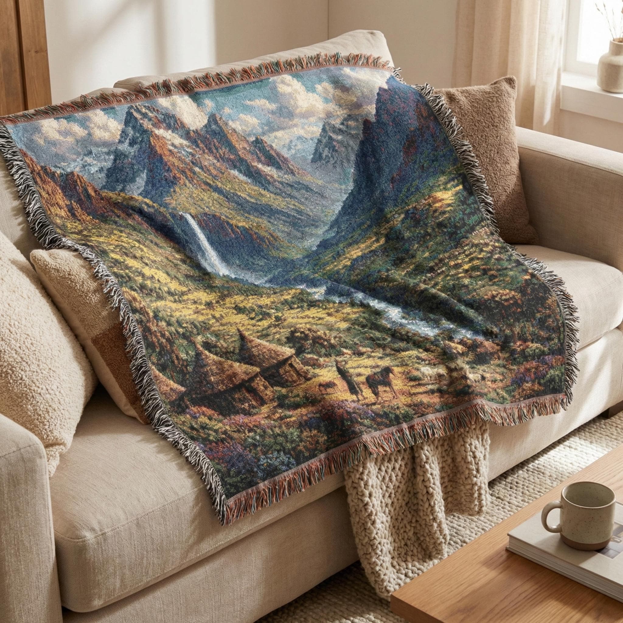 Woven tapestry wall hanging with fringe featuring a dramatic mountain valley landscape: rugged peaks, a tall waterfall, winding river, wildflower meadow, and cozy huts with horses in the foreground. Rustic lodge cabin decor vibe with warm sunlit greens and golden tones, perfect as scenic wall decor for living room, bedroom, office, or cabin. Also works as a cozy woven throw blanket. Great gift for hikers, campers, backpackers, travel lovers, and nature photographers.