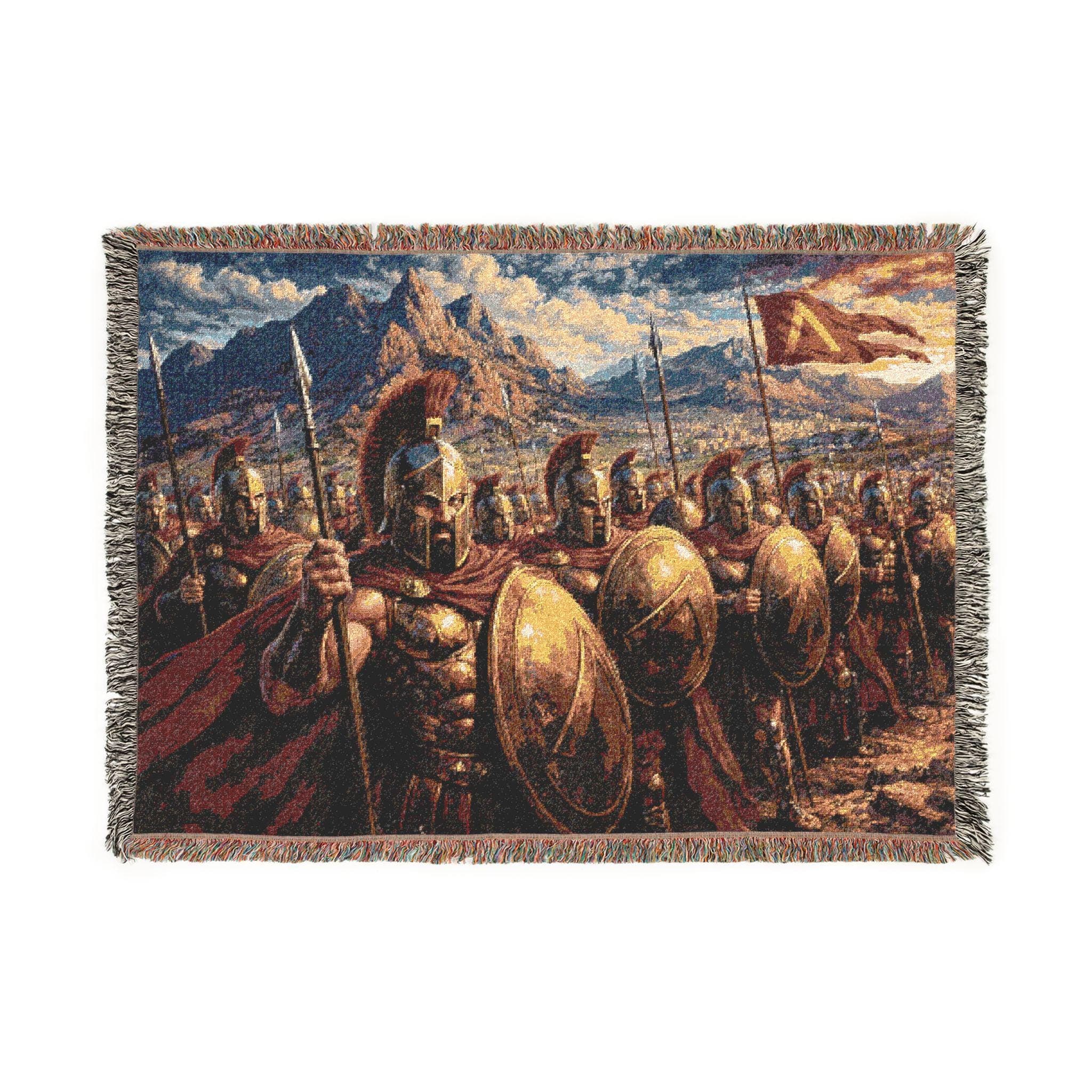 Woven tapestry wall hanging featuring a dramatic line of Spartan warriors in bronze helmets, red cloaks, and round shields, marching with spears beneath battle banners and rocky mountains. Ancient Greek wall art with heroic army detail, warm earth tones, and historic battlefield atmosphere, ideal as a large wall tapestry, decorative throw blanket, office accent, study decor, and gift for history lovers, classical art collectors, and fans of warrior themed home decor.