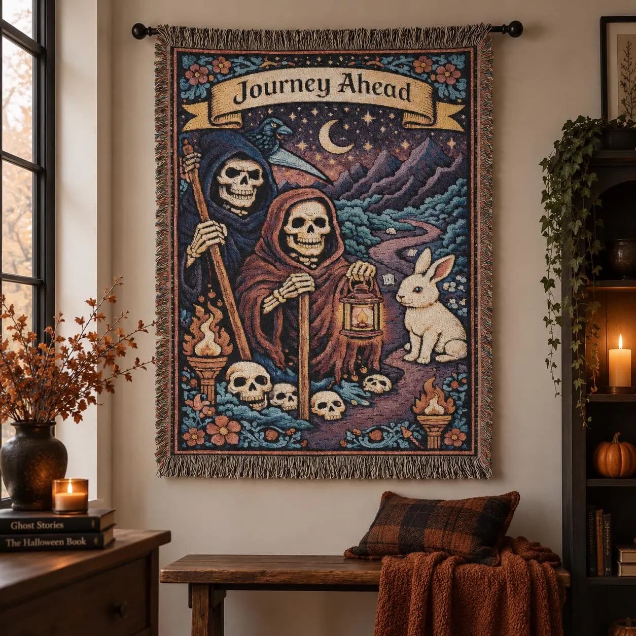 Journey Ahead Tapestry Wall Hanging Gothic Skeleton Wall Art Woven Throw Blanket Raven Rabbit Fantasy Adventure Decor