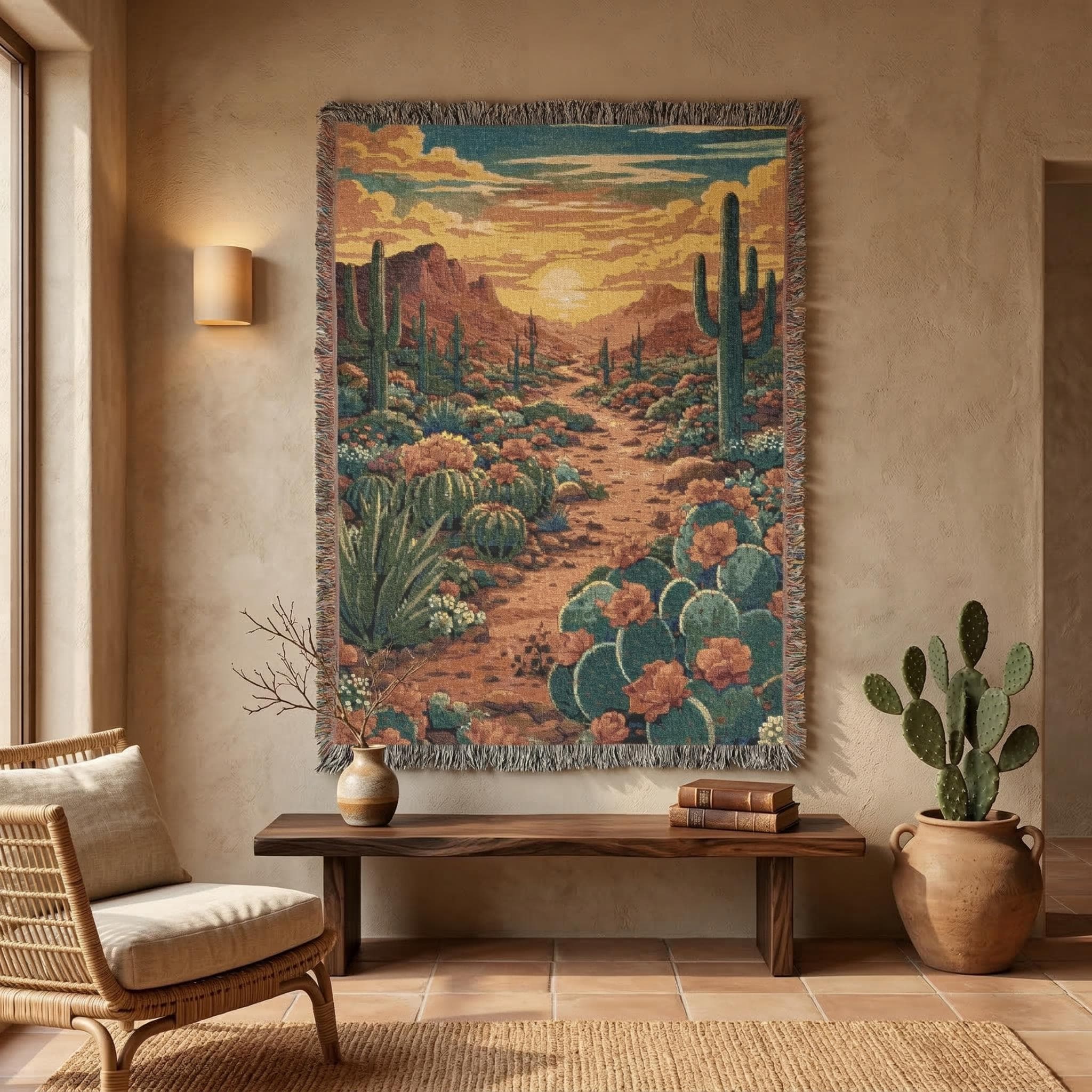 Desert Sunset Tapestry Wall Hanging Cactus Landscape Woven Throw Blanket Southwest Boho Wall Decor Arizona Western Wall Art Rustic Home Gift