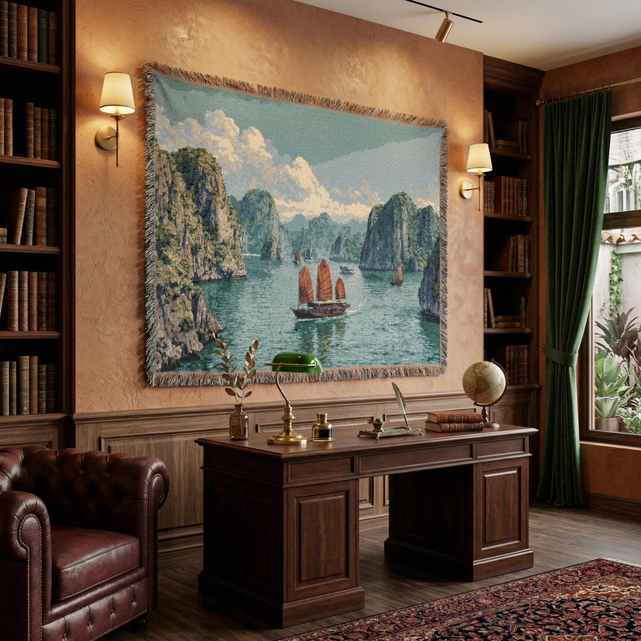Woven tapestry wall hanging featuring Halong Bay in Vietnam with emerald water, towering limestone cliffs, soft clouds, and traditional sailing boats drifting across a peaceful seascape. Vintage coastal tapestry wall art with serene ocean scenery, layered island landscape, and travel inspired decor style, ideal as a large wall tapestry, woven throw blanket, coastal wall hanging, Vietnam decor accent, scenic room decor, and unique gift for travel lovers, ocean lovers, and landscape art collectors