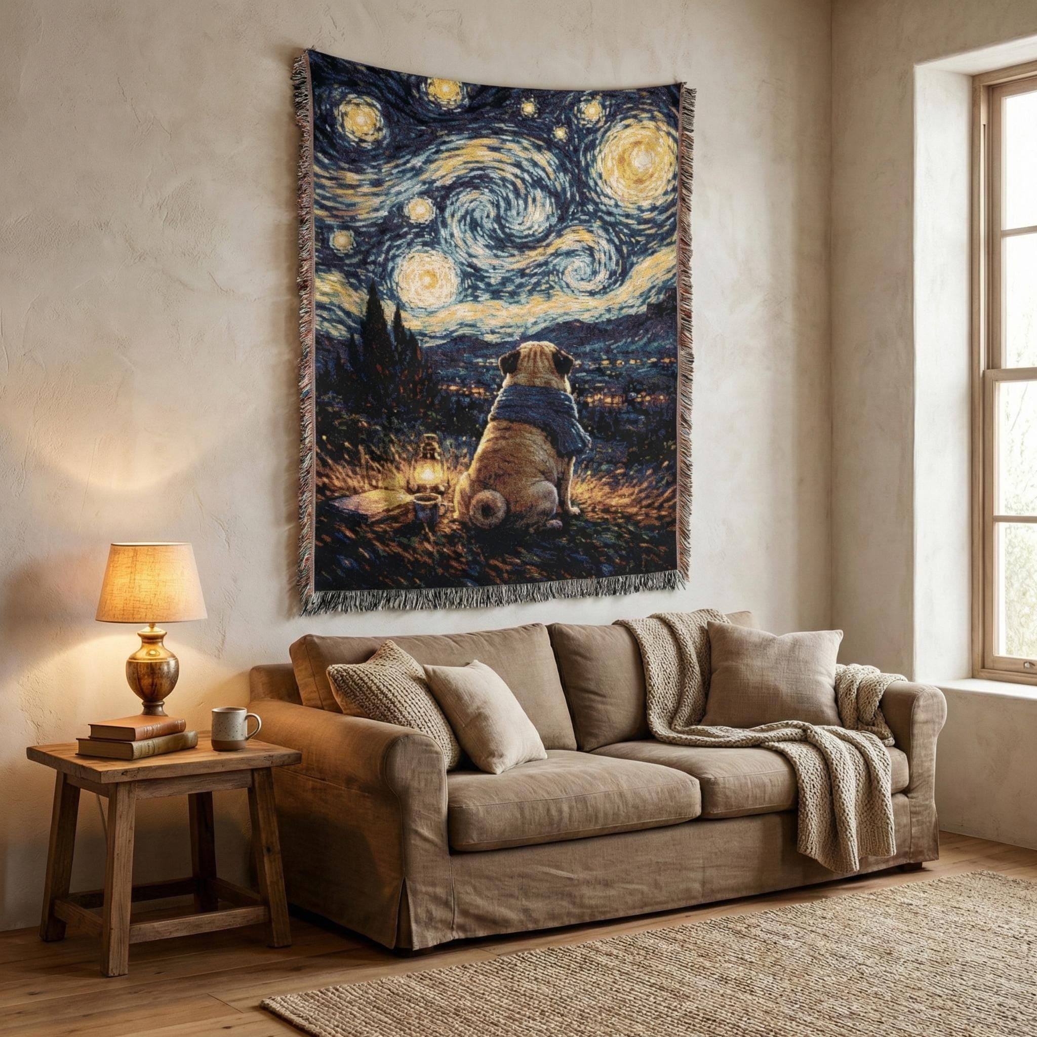 Woven tapestry wall hanging featuring a cozy pug dog wrapped in a blue scarf, sitting on a hill beside a small lantern and mug, gazing at a swirling Starry Night inspired sky with bright moons and stars. Vintage painterly texture with deep blues and golden lights, perfect as a tapestry wall decor, classic wall hanging, woven throw blanket, or bedspread. Ideal gift for pug moms, dog lovers, and art lovers for bedroom, living room, dorm, or cozy cottagecore space.