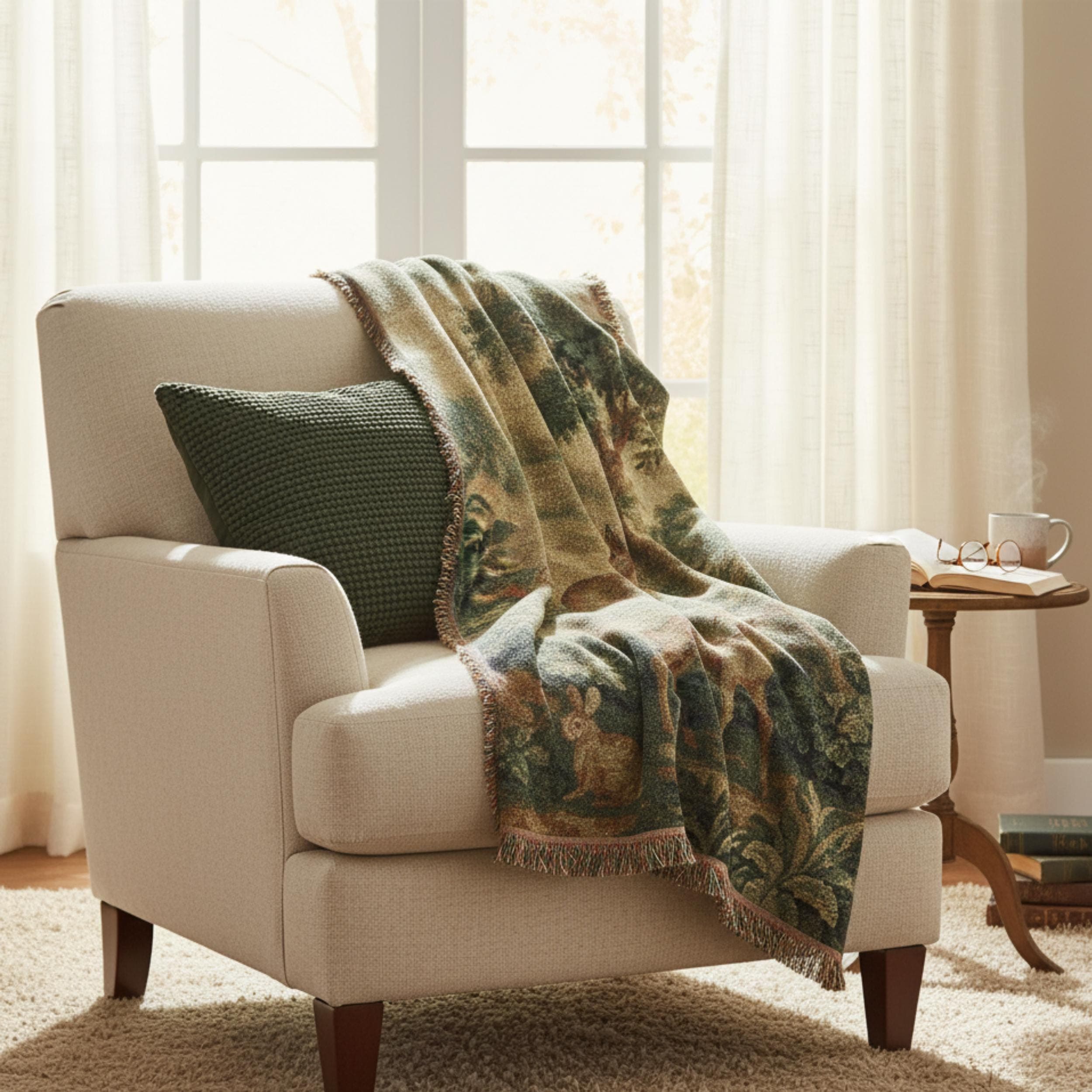 Vintage woven tapestry blanket featuring a serene forest landscape with deer and rabbits, inspired by classic French verdure wall art. This large wall tapestry doubles as a woven blanket throw or elegant wall hanging, perfect for rustic, cottagecore, or antique-inspired interiors. Adds timeless charm and natural beauty to bedrooms, living rooms, or gallery-style decor settings.