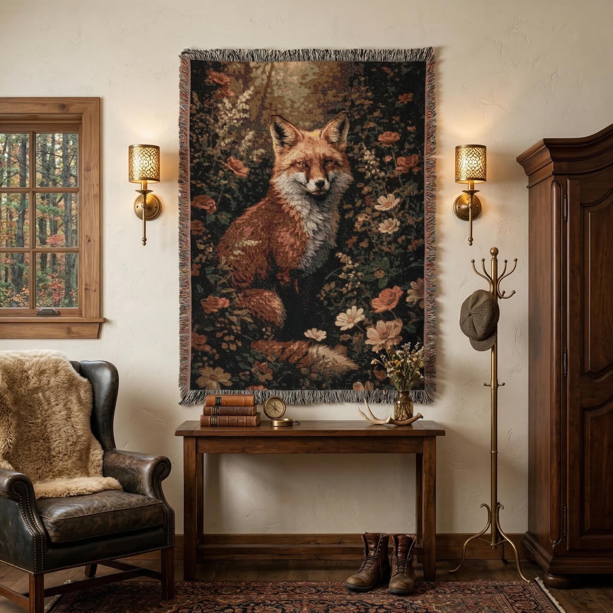 Fox Tapestry Wall Hanging Floral Woodland Decor Woven Throw Blanket Cottagecore Forest Animal Wall Art Botanical Rustic Boho Wildlife Gift