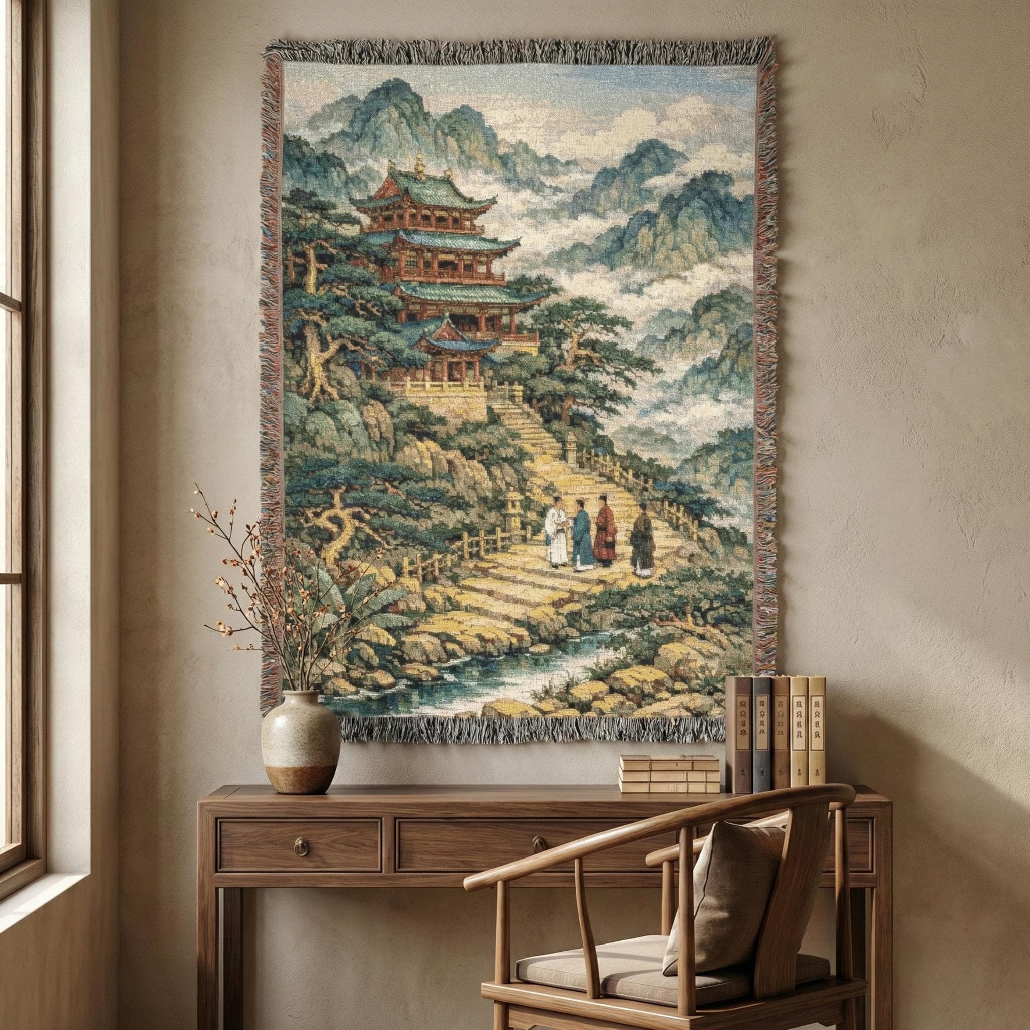 Traditional Chinese Pagoda Temple Tapestry Wall Hanging Woven Tapestry Blanket Mountain Mist Landscape Asian Decor Zen Room Scenic Wall Art