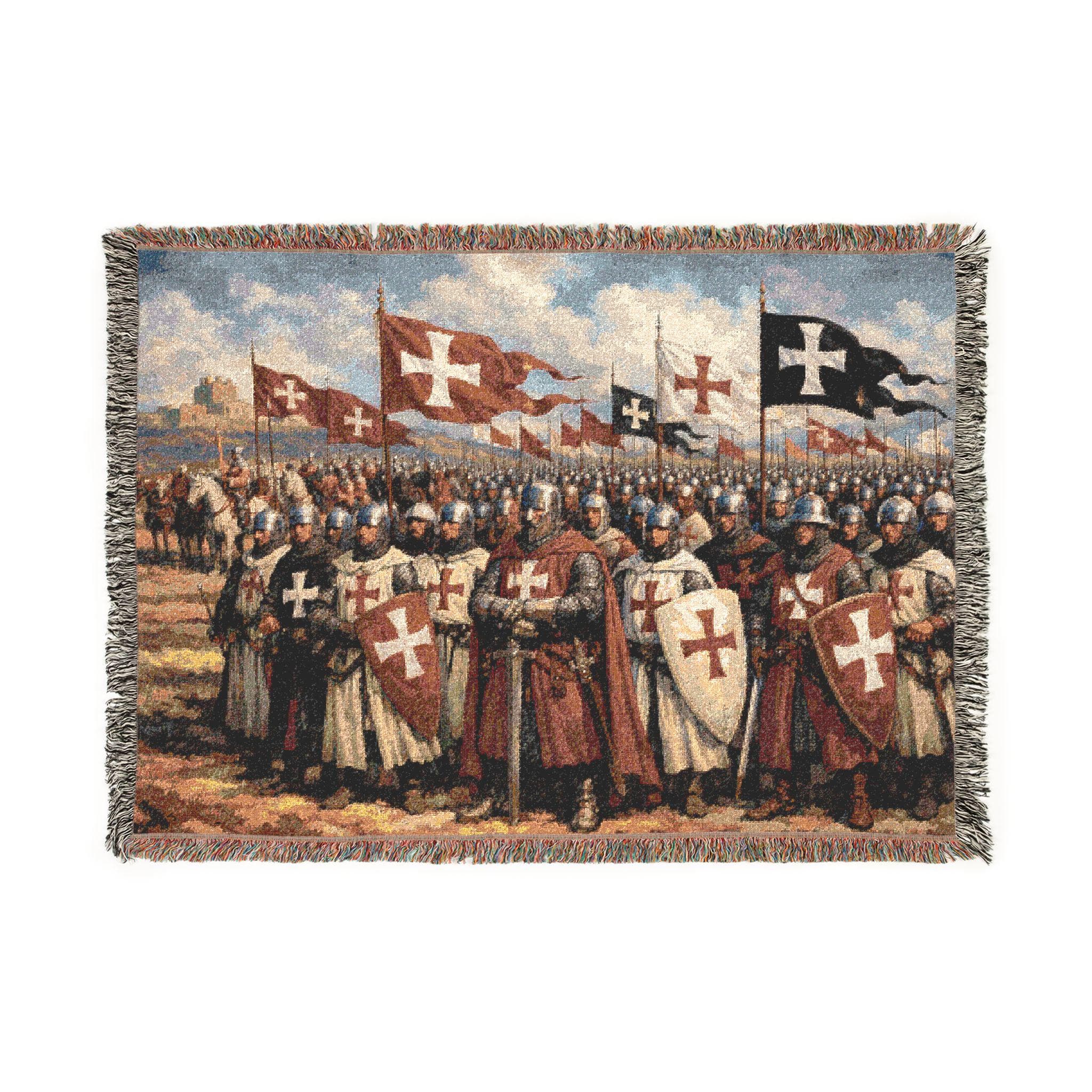 Woven tapestry wall hanging featuring a line of crusader knights in armor carrying Templar cross shields and medieval battle banners across a historical battlefield. Rich woven texture with fringe, in warm ivory, red, black, and dusty blue tones. Ideal for medieval wall decor, history office, library, study, game room, or man cave. Also works as a woven throw blanket. Great gift for medieval history lovers, Templar fans, collectors, and old world decor enthusiasts.