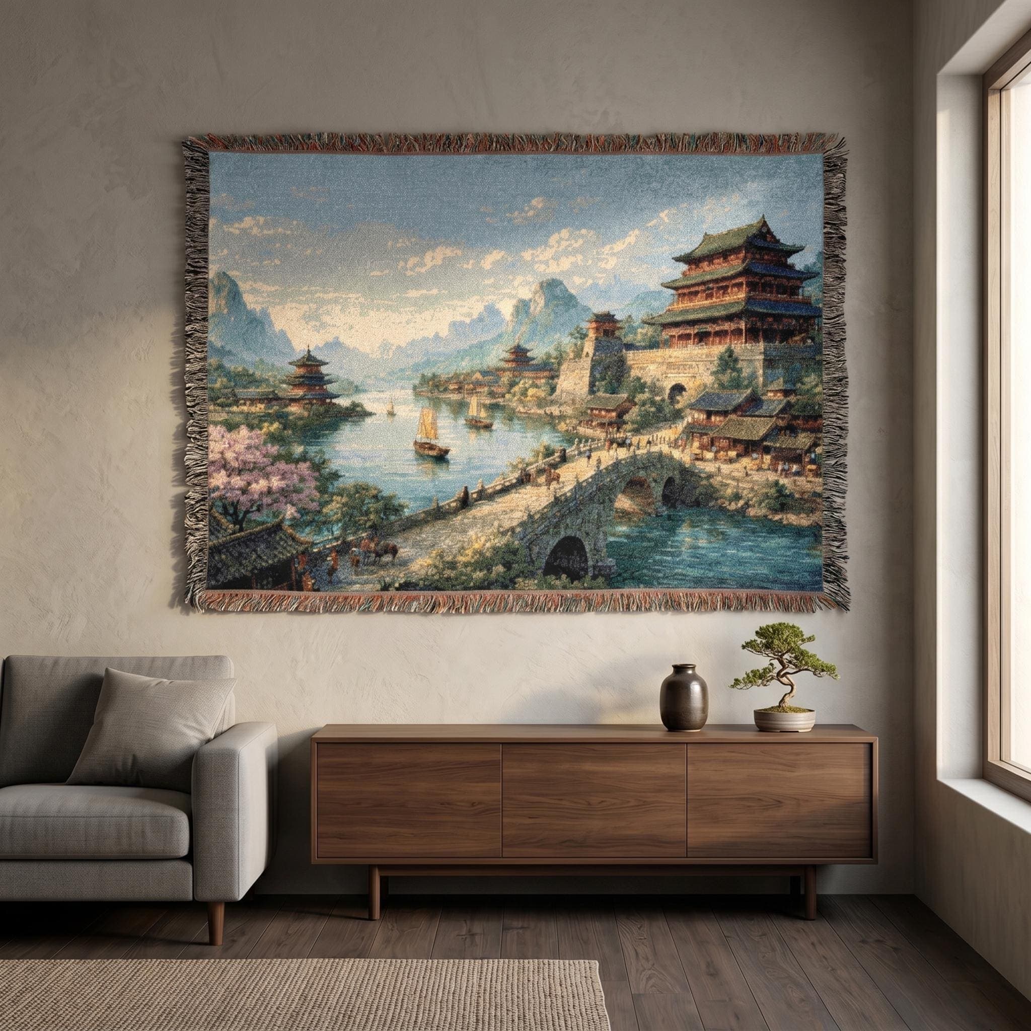 Chinese Landscape Tapestry Wall Hanging Asian Palace Wall Art River Village Decor Pagoda Bridge Woven Throw Blanket Chinese River Wall Decor