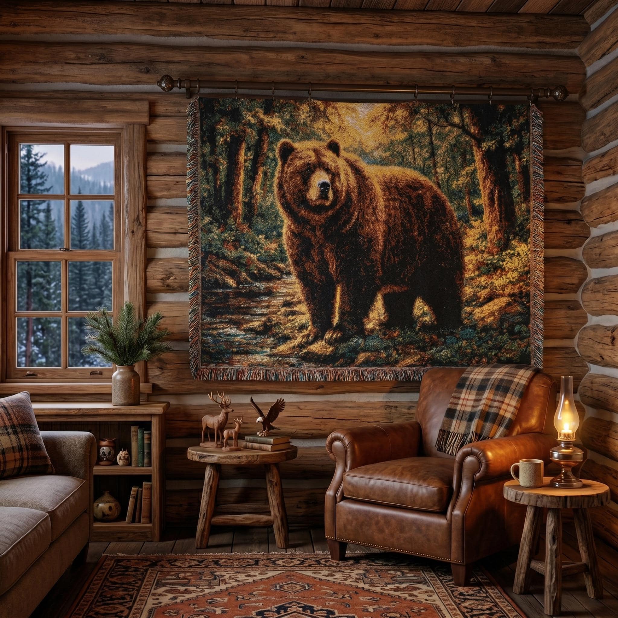 Grizzly Bear Tapestry Wall Hanging Forest Wildlife Wall Art Rustic Cabin Decor Brown Bear Scene Woven Throw Blanket Lodge Decor Nature Gift