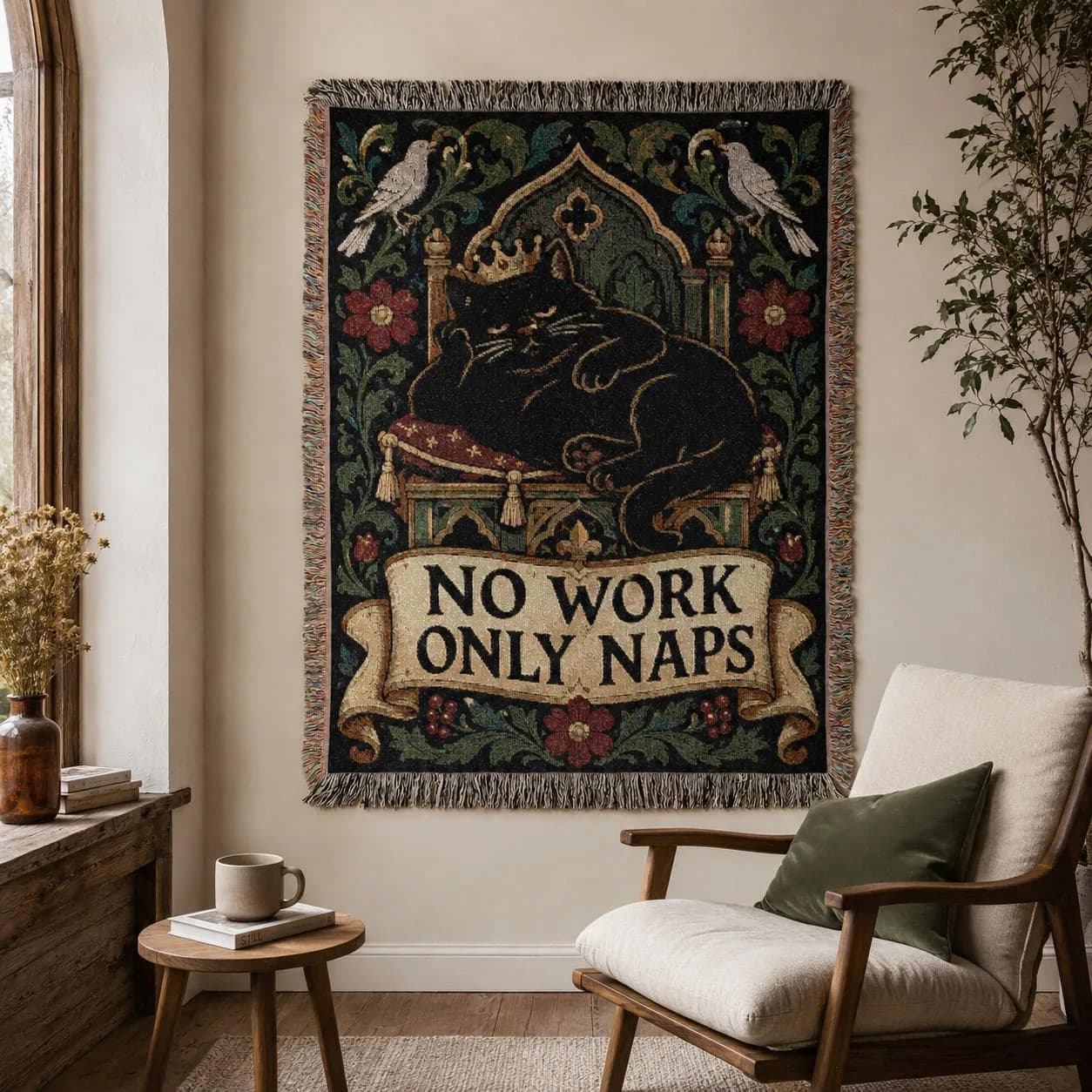 Funny Cat Tapestry Wall Hanging No Work Only Naps Medieval Wall Art Woven Throw Blanket Vintage Gothic Castlecore Cat Lover Dorm Decor Gift