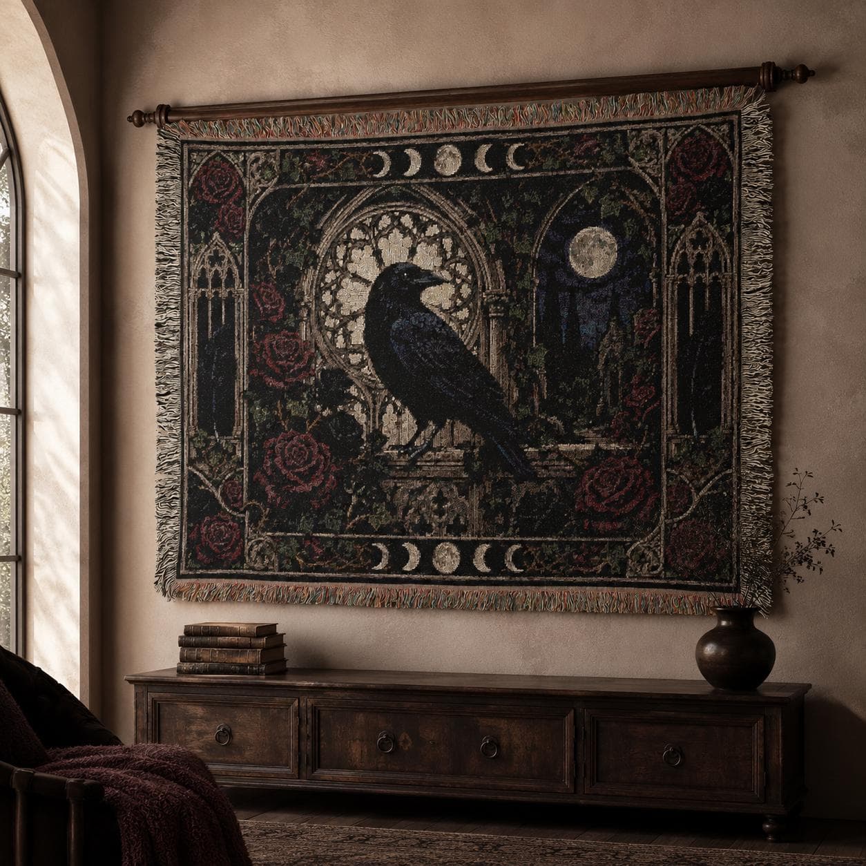 Raven Tapestry Wall Hanging Gothic Rose Moon Wall Art Large Wall Tapestry Woven Throw Blanket Black Bird Dark Academia Castlecore Decor