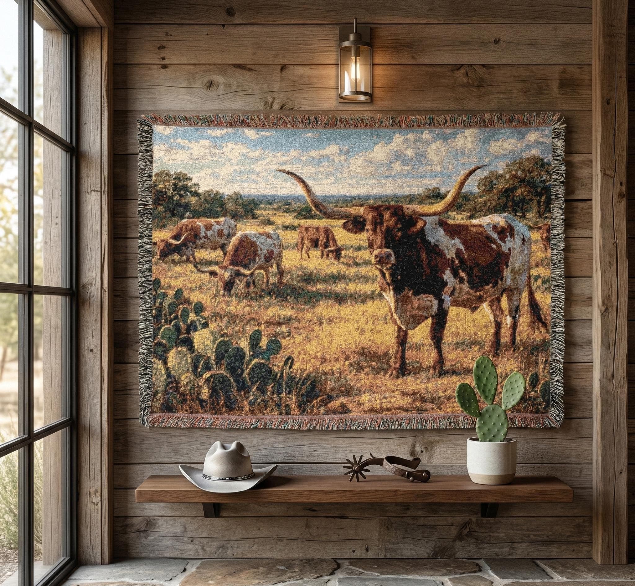 Western Longhorn Tapestry Wall Art Woven Throw Blanket Rustic Ranch Decor Texas Cattle Farmhouse Large  Wall Hanging Southwestern Prairie