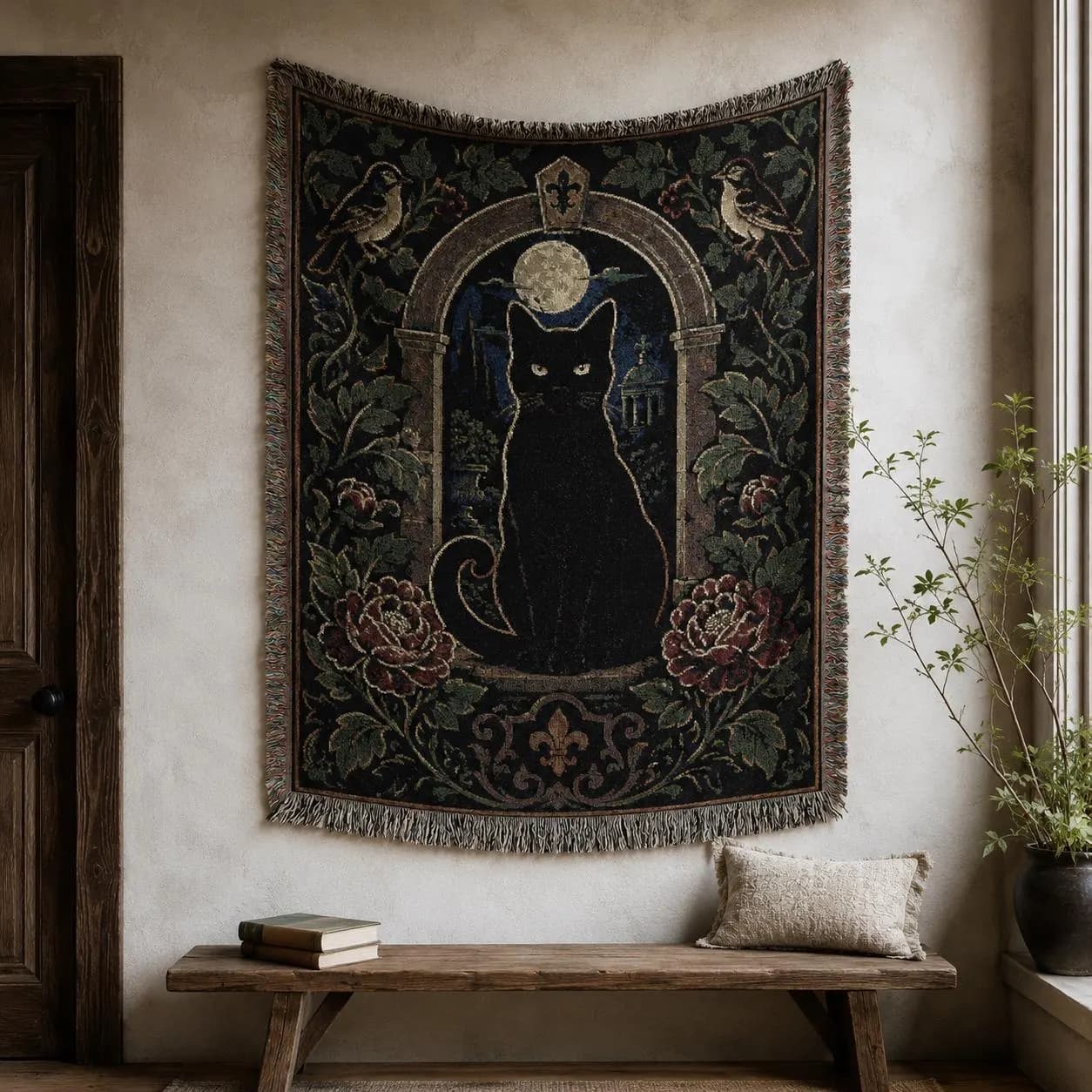Black Cat Tapestry Wall Hanging Gothic Cat Wall Art Woven Throw Blanket Dark Vintage Floral Decor Witchy Cat Lover Gift Old World Wall Decor
