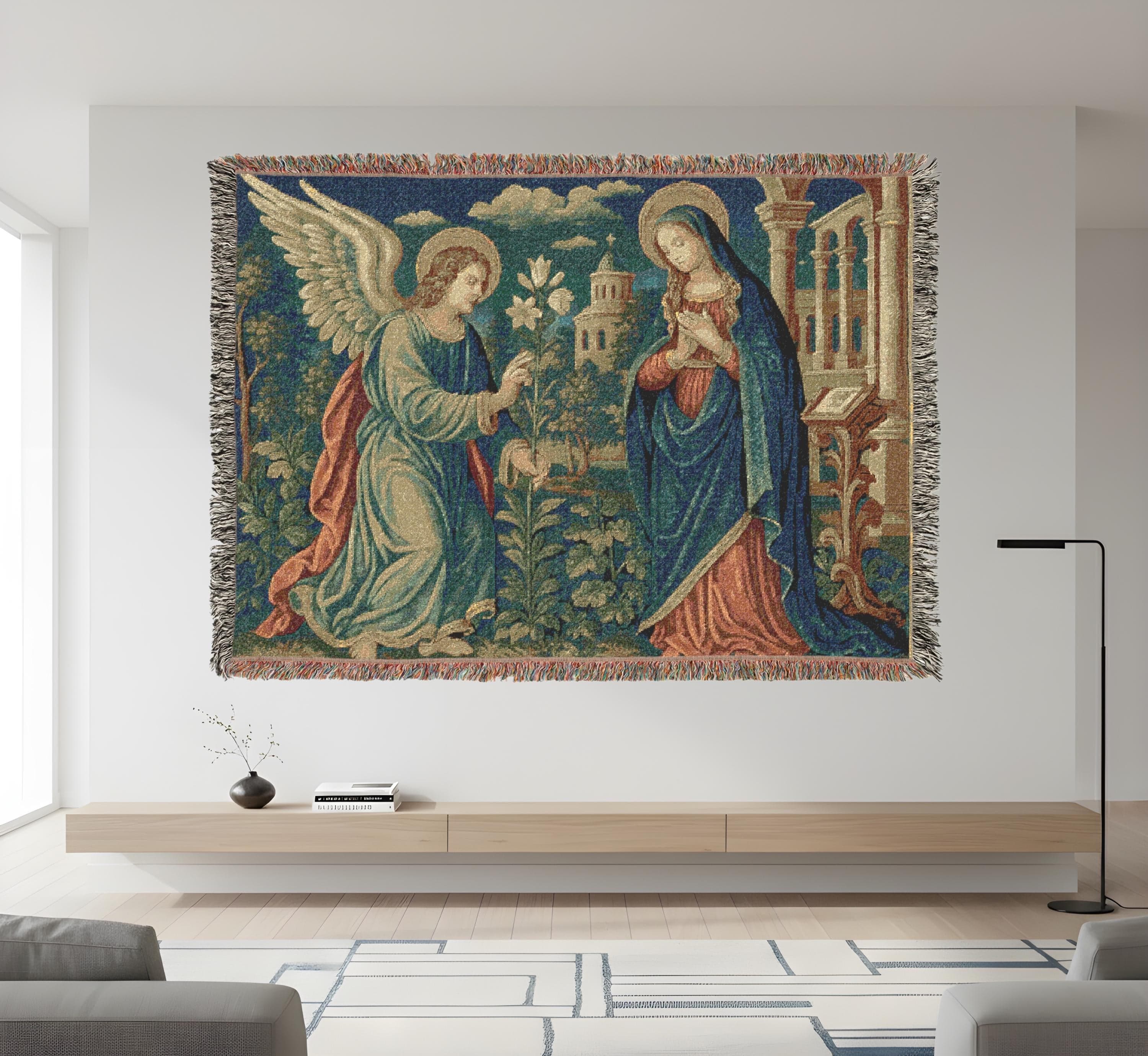 Vintage woven tapestry blanket depicting an angel and Madonna in a Renaissance-style sacred art scene 👼🌿. The design features intricate classical details, soft woven texture, and warm vintage tones, making it ideal as a wall hanging, sofa throw, bed blanket, wall decor, or rug alternative. Perfect for lovers of Renaissance home decor, gothic interiors, and religious art tapestries, this piece brings spiritual elegance and timeless European charm to any living space.