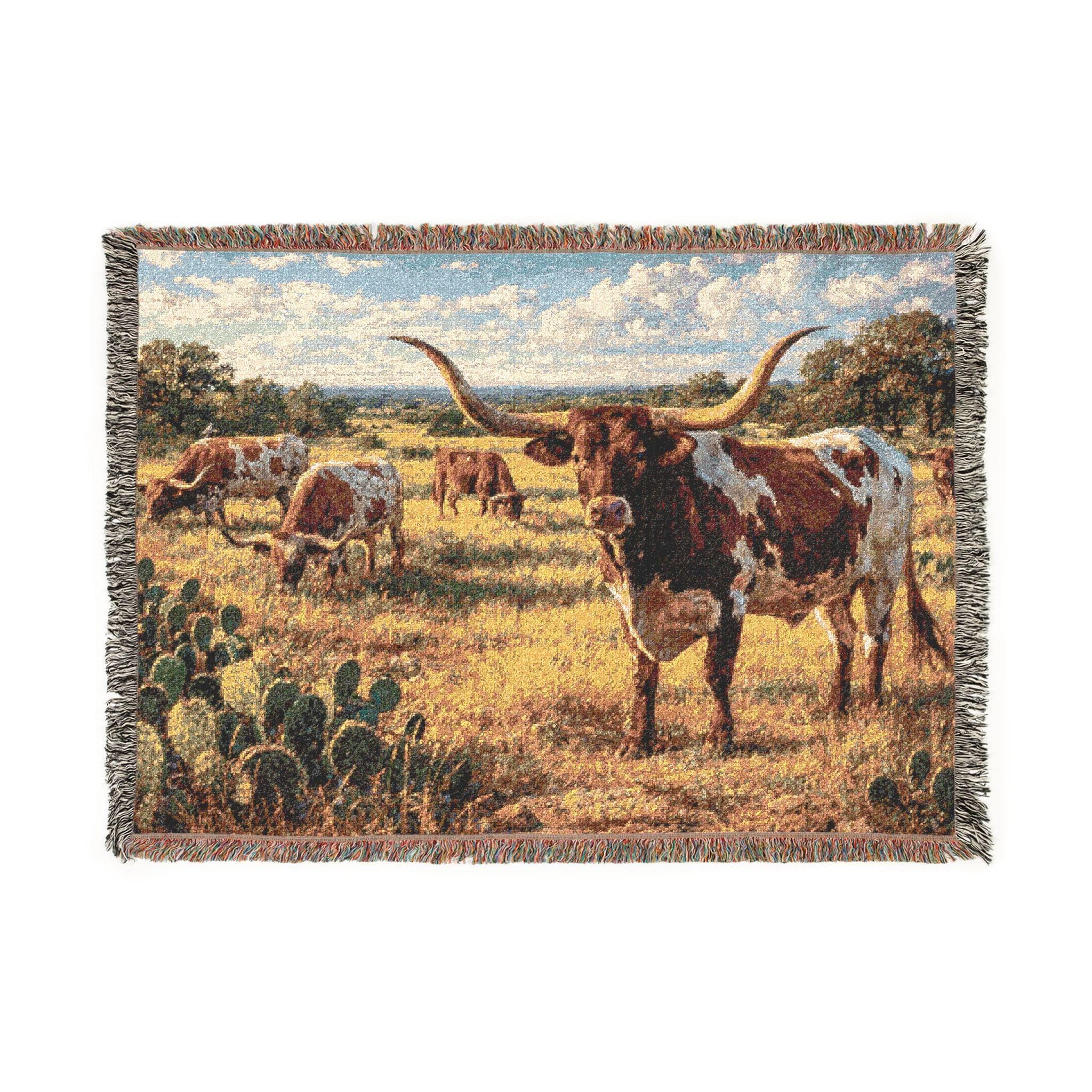 Woven tapestry wall hanging featuring Texas longhorn cattle standing in a sunlit prairie with cactus, dry grass, oak trees, and a bright sky filled with soft clouds. Rustic western wall art with ranch landscape scenery, farmhouse texture, and warm country colors. Ideal as a longhorn tapestry, western throw blanket, ranch decor accent, Texas cattle wall hanging, southwestern home decor, rustic farmhouse wall art, cowboy room decor, and gift for ranch lovers, cattle lovers, and country home decor