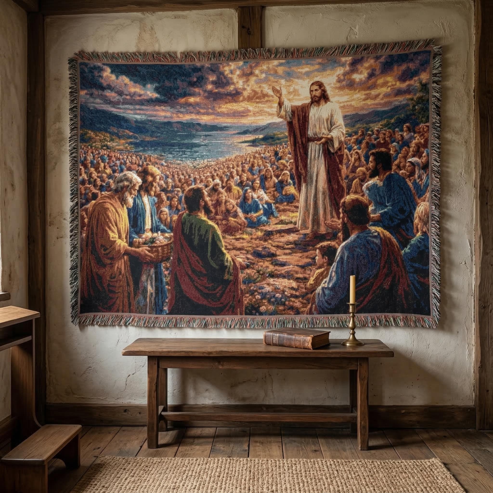 Jesus Feeding Multitude Tapestry Wall Hanging Christian Wall Decor Bible Scene Woven Throw Blanket Religious Home Wall Art Faith Gift Idea