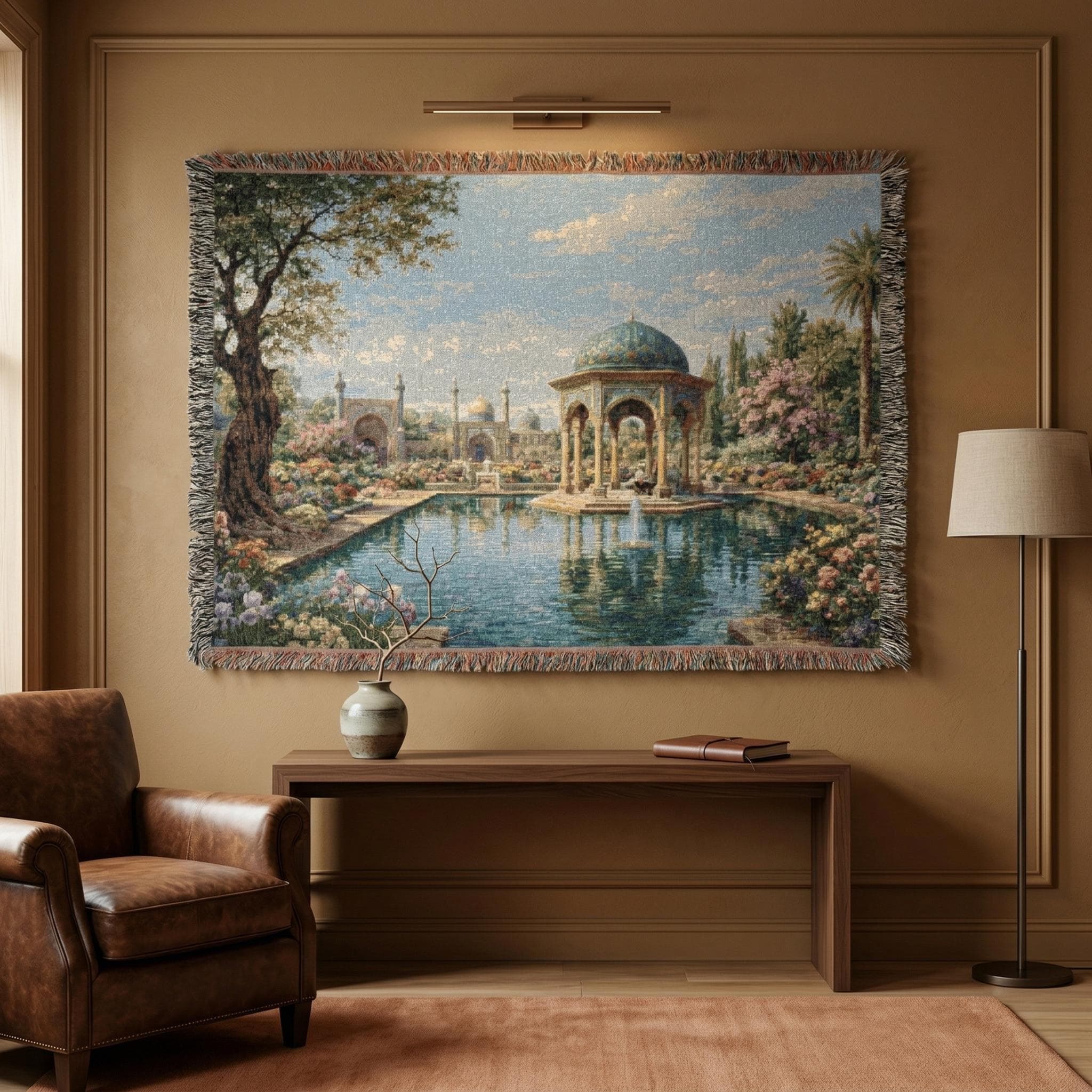 Woven tapestry wall hanging featuring a romantic Persian garden with a turquoise reflecting pool, domed pavilion, flowering trees, soft pink and lavender blooms, ornate Islamic arches, and a tranquil palace courtyard under a bright blue sky. Vintage Middle Eastern landscape wall art with elegant floral scenery and refined old world charm, ideal as a large wall tapestry, woven throw blanket, Persian decor accent, palace garden decor, floral room decor, and gift for architecture and garden lovers.