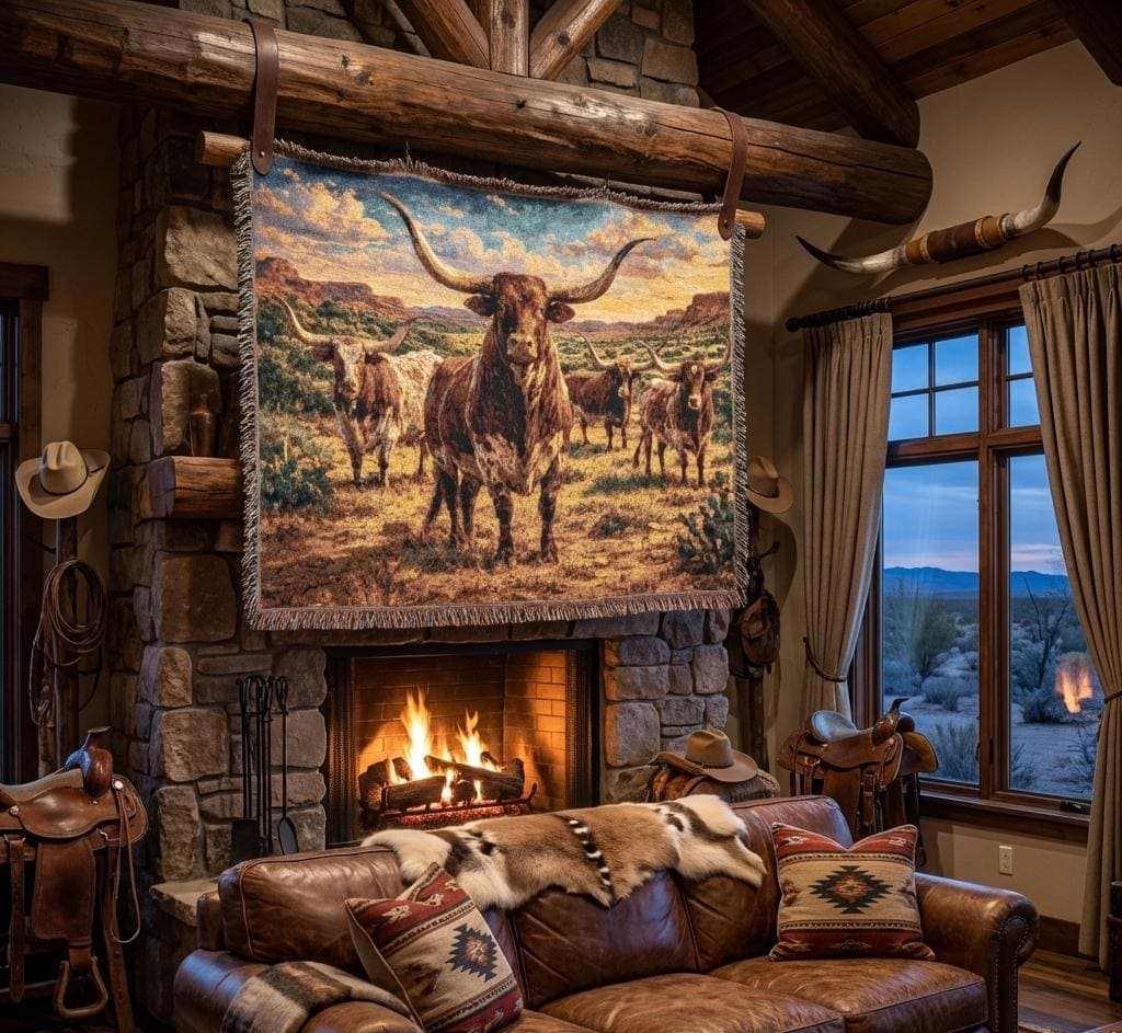 Horizontal jacquard woven tapestry blanket featuring Texas longhorn cattle in a western ranch landscape under a warm sunset sky. Rustic Southwest wall decor with earthy browns, golden grass tones, and soft blue clouds, finished with classic fringe and vintage woven texture. Use as a tapestry wall hanging for living room, bedroom, entryway, cabin or ranch house, or as a cozy woven throw blanket on a bed or chair. Ideal gift for western decor lovers, ranch owners, Texas fans, farmhouse home style